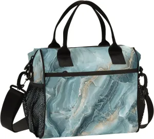 Insulated Lunch Bag Green Marble with A Hint Of Gold Pattern Women Cooler Tote Bag Organizer with Adjustable Shoulder Strap Reusable Lunch Box for Office Picnic Hiking