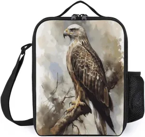 Insulated Lunch Bag Leakproof Portable Lunch Box Adjustable Shoulder Strap Watercolor of Hawk Sitting in The Tree Printing Cooler Bag For Office Work Picnic