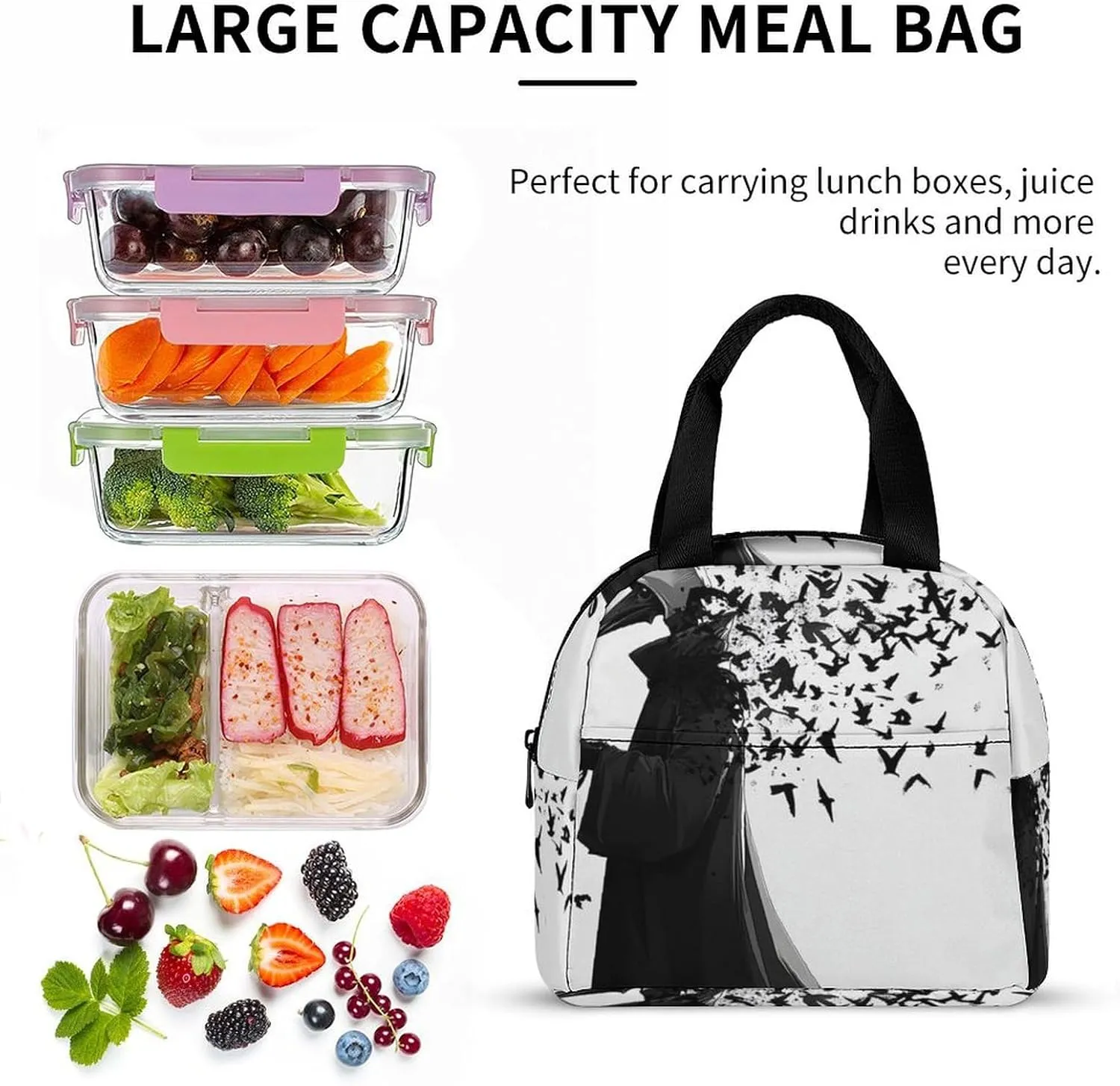 Insulated Lunch Bag, Lightweight Black Crow Raven Bird Travel Work Lunch Bags for Adults, Funny Large Capacity Meal Bag Handbag for Office, Travel