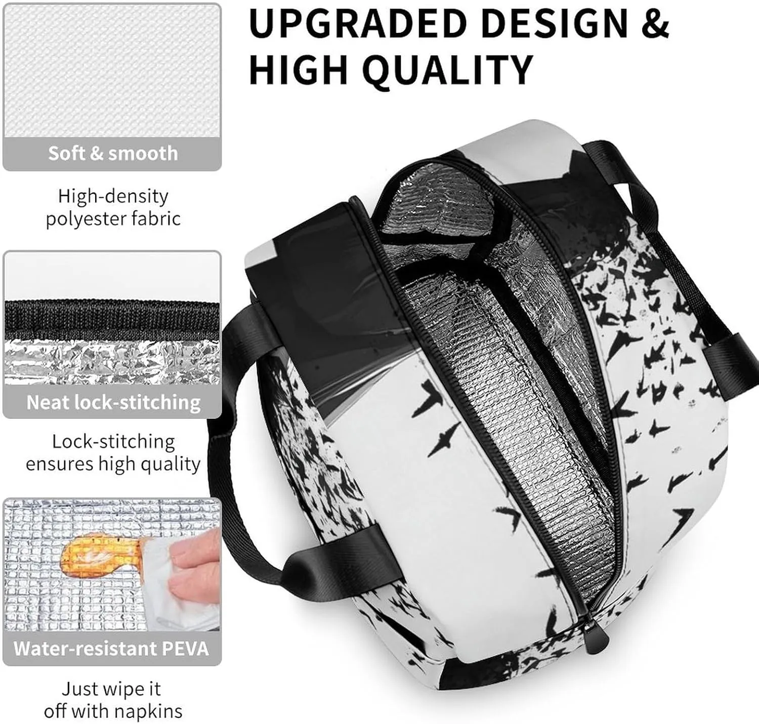 Insulated Lunch Bag, Lightweight Black Crow Raven Bird Travel Work Lunch Bags for Adults, Funny Large Capacity Meal Bag Handbag for Office, Travel