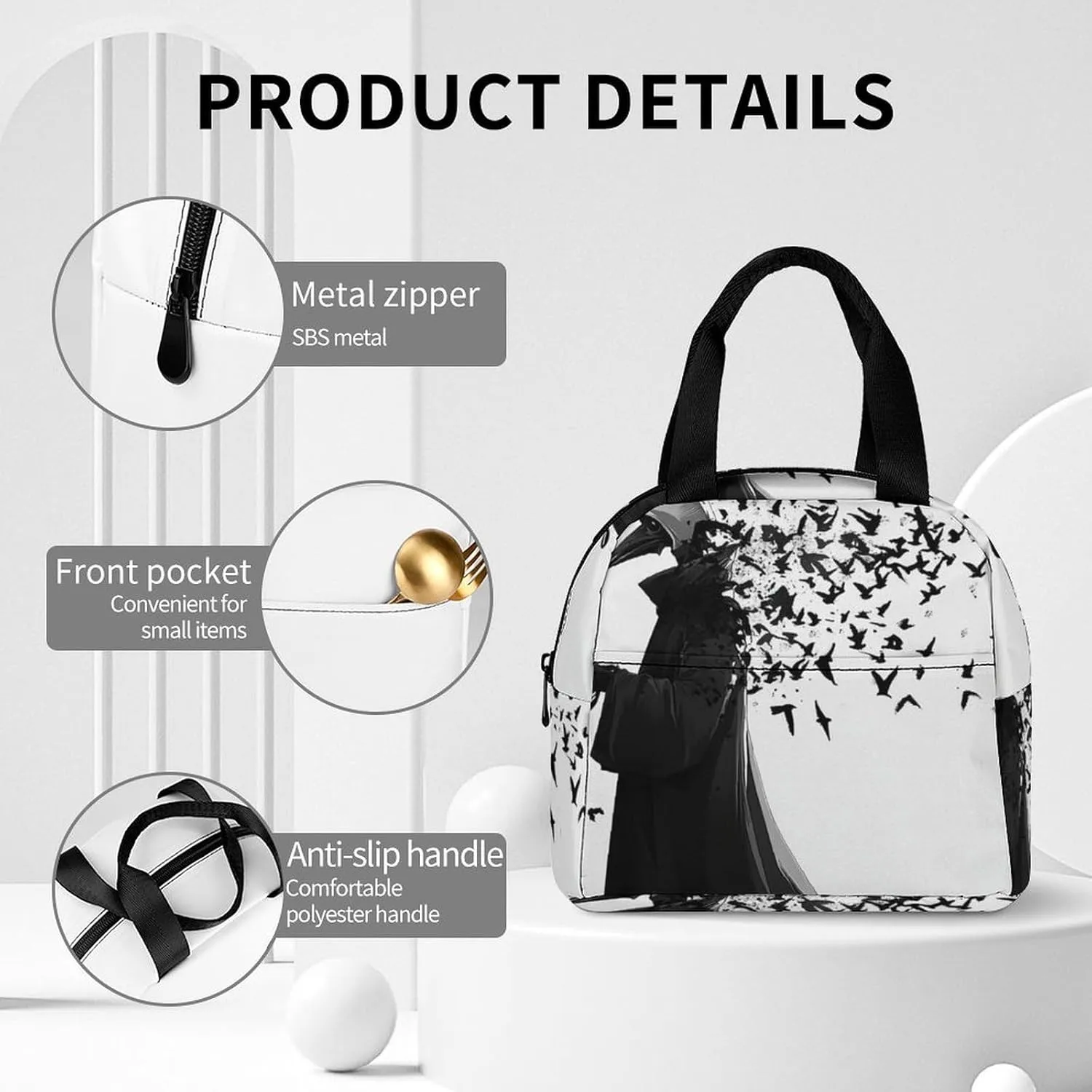 Insulated Lunch Bag, Lightweight Black Crow Raven Bird Travel Work Lunch Bags for Adults, Funny Large Capacity Meal Bag Handbag for Office, Travel