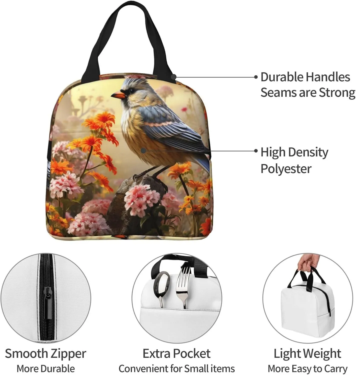 Insulated Lunch bag Lunch Box for Women Men Sparrow Birds Sing Lunch Bag Lunch Tote Bags for Work Office