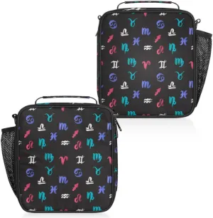 Insulated Lunch Bag Reusable Waterproofing Constellation Symbols Lunch Box with Shoulder Strap Handle and Water Bottle Net Bag for Travel Camping Beach Picnic
