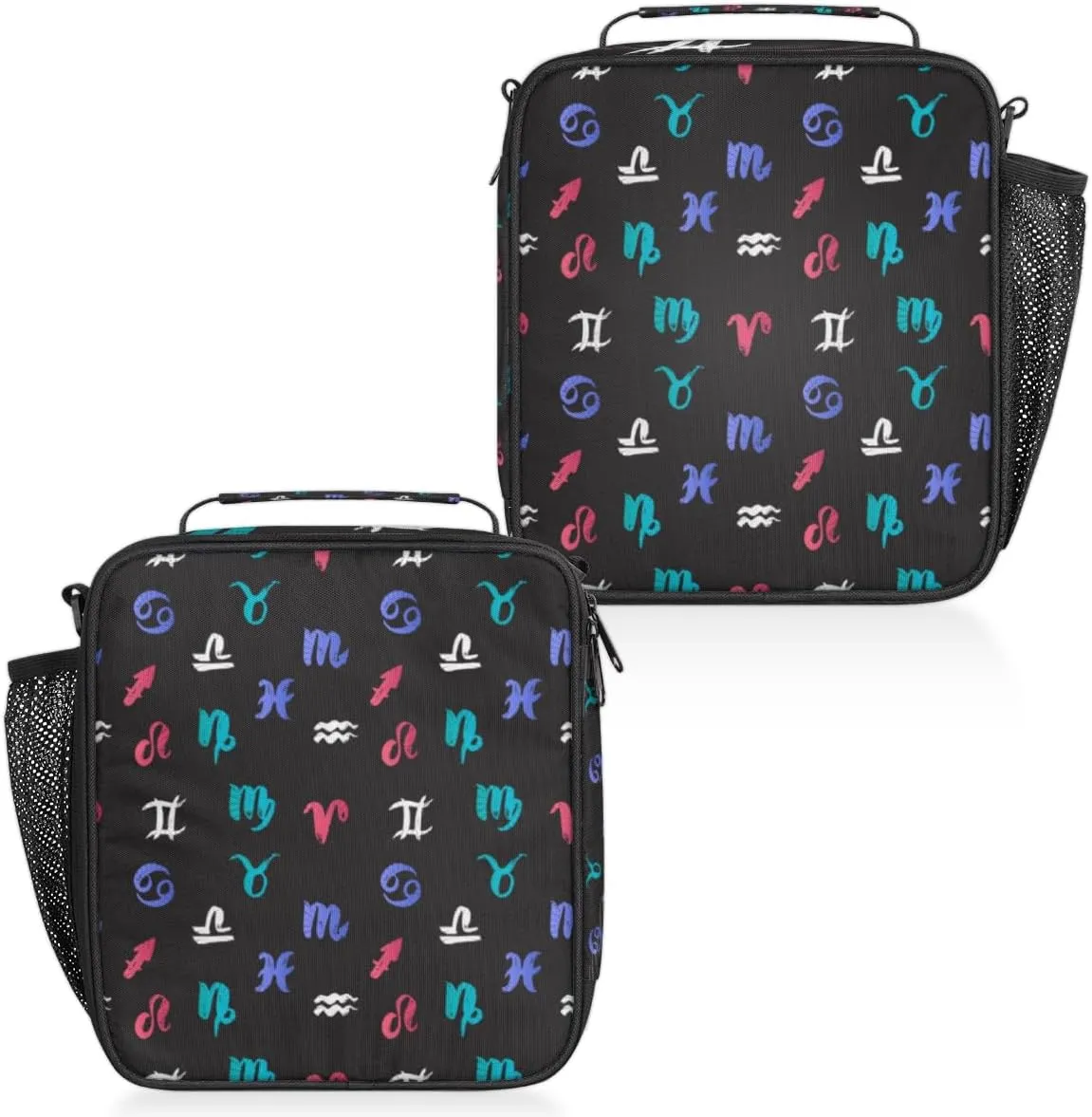 Insulated Lunch Bag Reusable Waterproofing Constellation Symbols Lunch Box with Shoulder Strap Handle and Water Bottle Net Bag for Travel Camping Beach Picnic