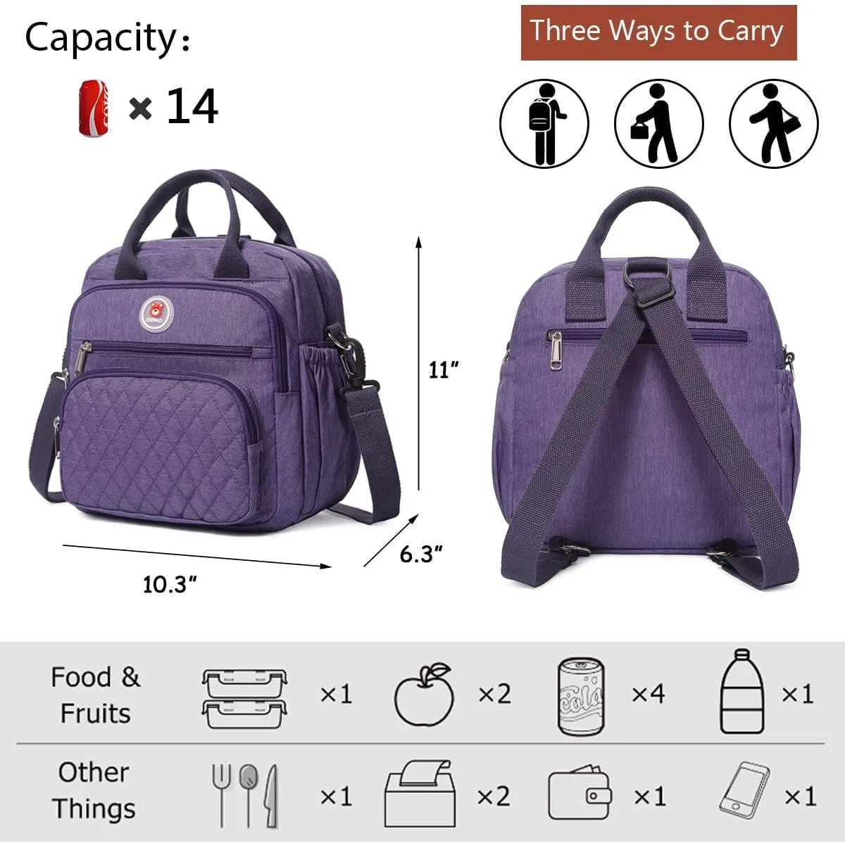 Insulated Lunch Bag Rucksack for Women/Men, 3 carrying way Lunch Tote, Large Waterproof Cooler Box with Side pockets for Adults, Work, Beach, Picnic, Purple