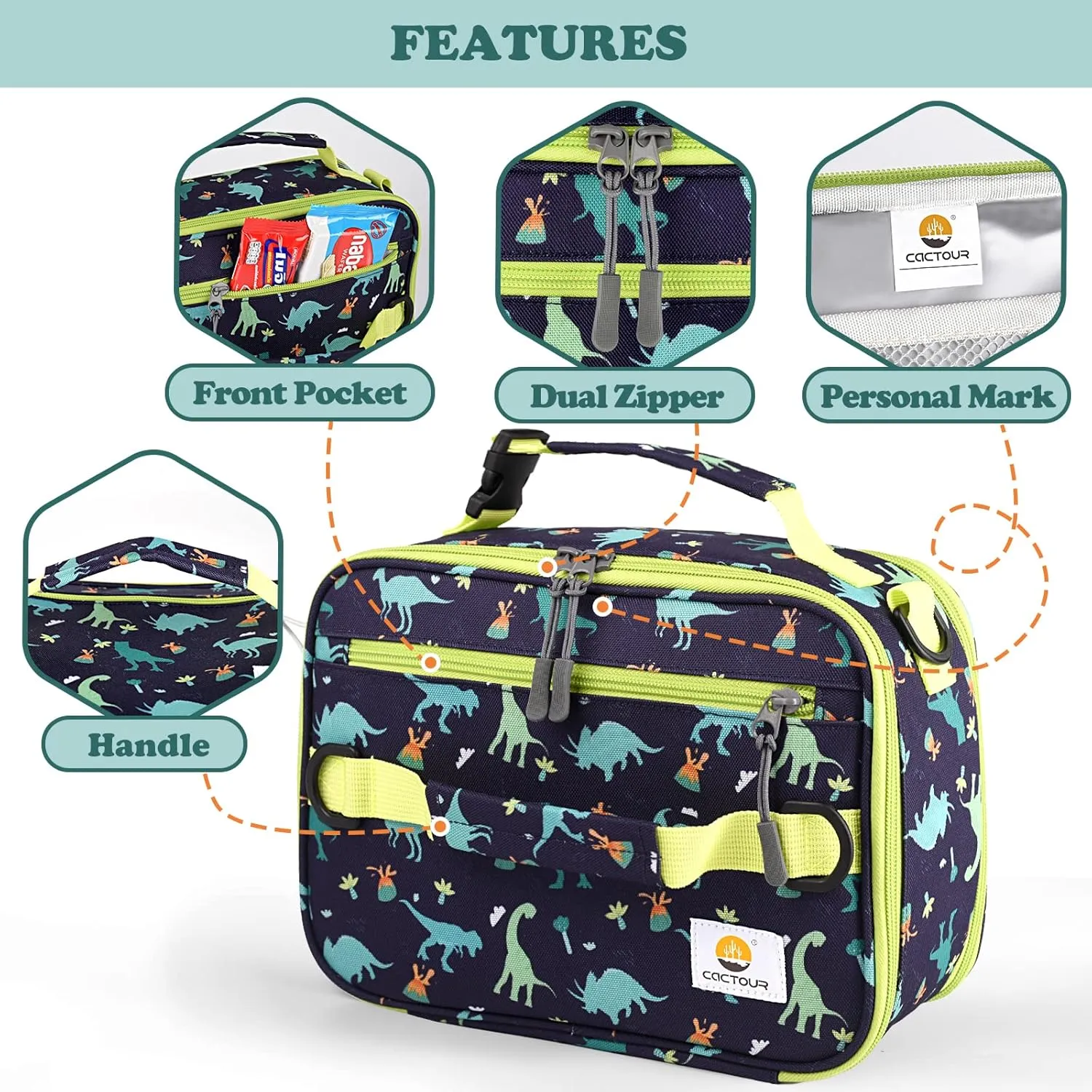 Insulated Lunch Bag,Expandable Kids Lunch Box,Double Zipper & Lunch Bag Kids with Strap,Lightweight Reusable Lunch Tote Bag for Boys Girls,Meal Containers for School/Picnic (Dinosaur)