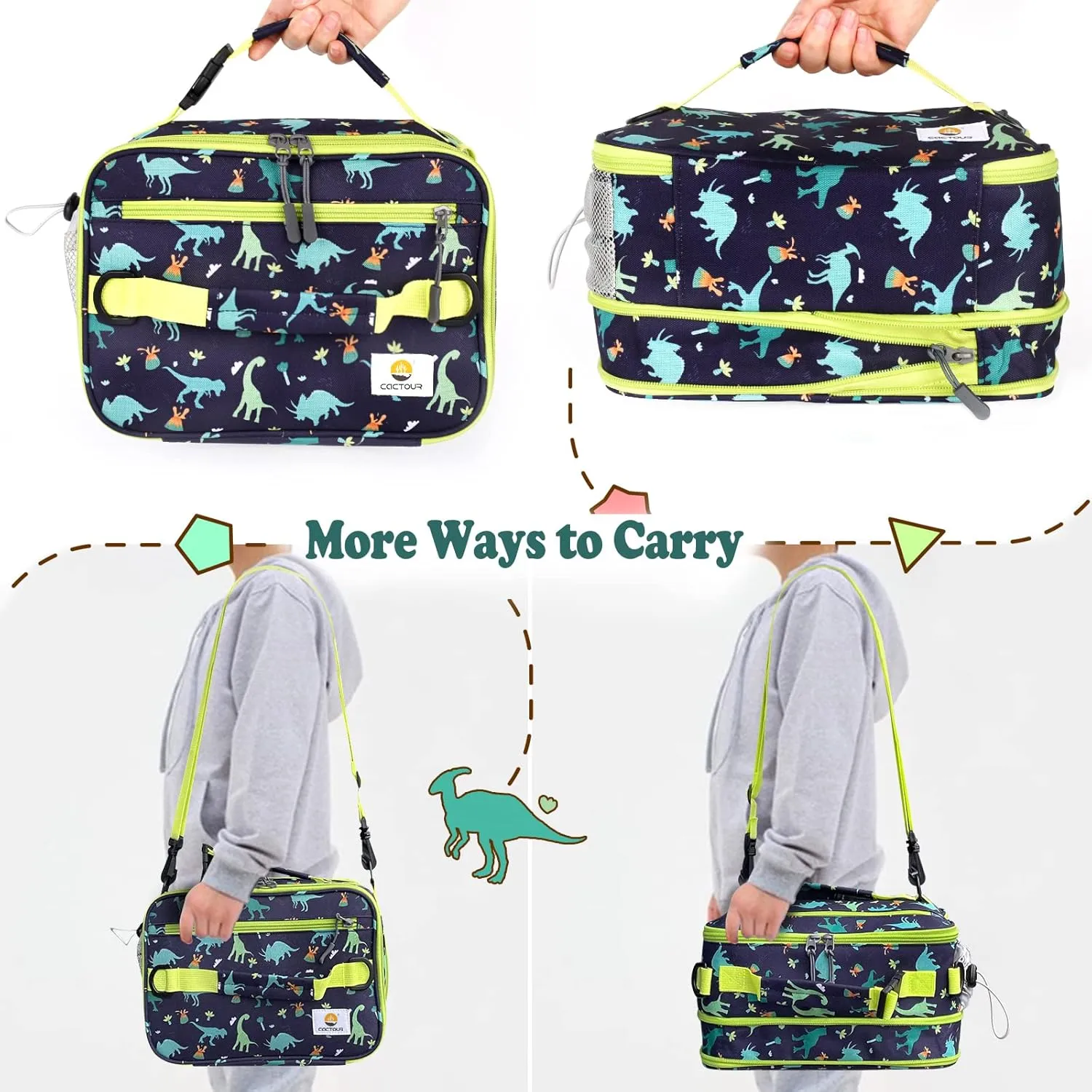 Insulated Lunch Bag,Expandable Kids Lunch Box,Double Zipper & Lunch Bag Kids with Strap,Lightweight Reusable Lunch Tote Bag for Boys Girls,Meal Containers for School/Picnic (Dinosaur)