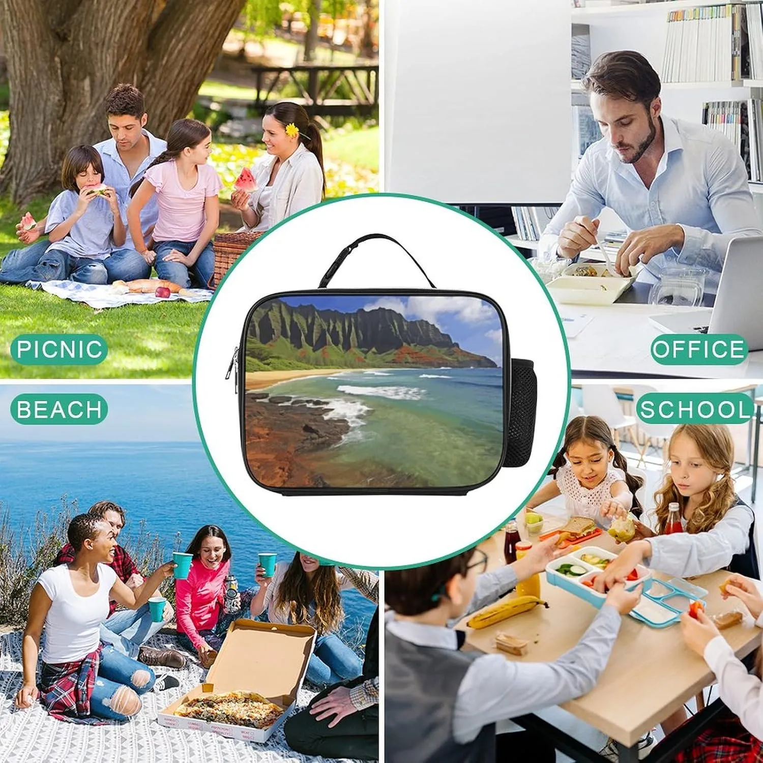 Insulated Lunch Bags for Women Kauai Hawaii Seashore Reusable Lunch Boxes Waterproof Shoulder Bag Lunch Cooler Bag for Work
