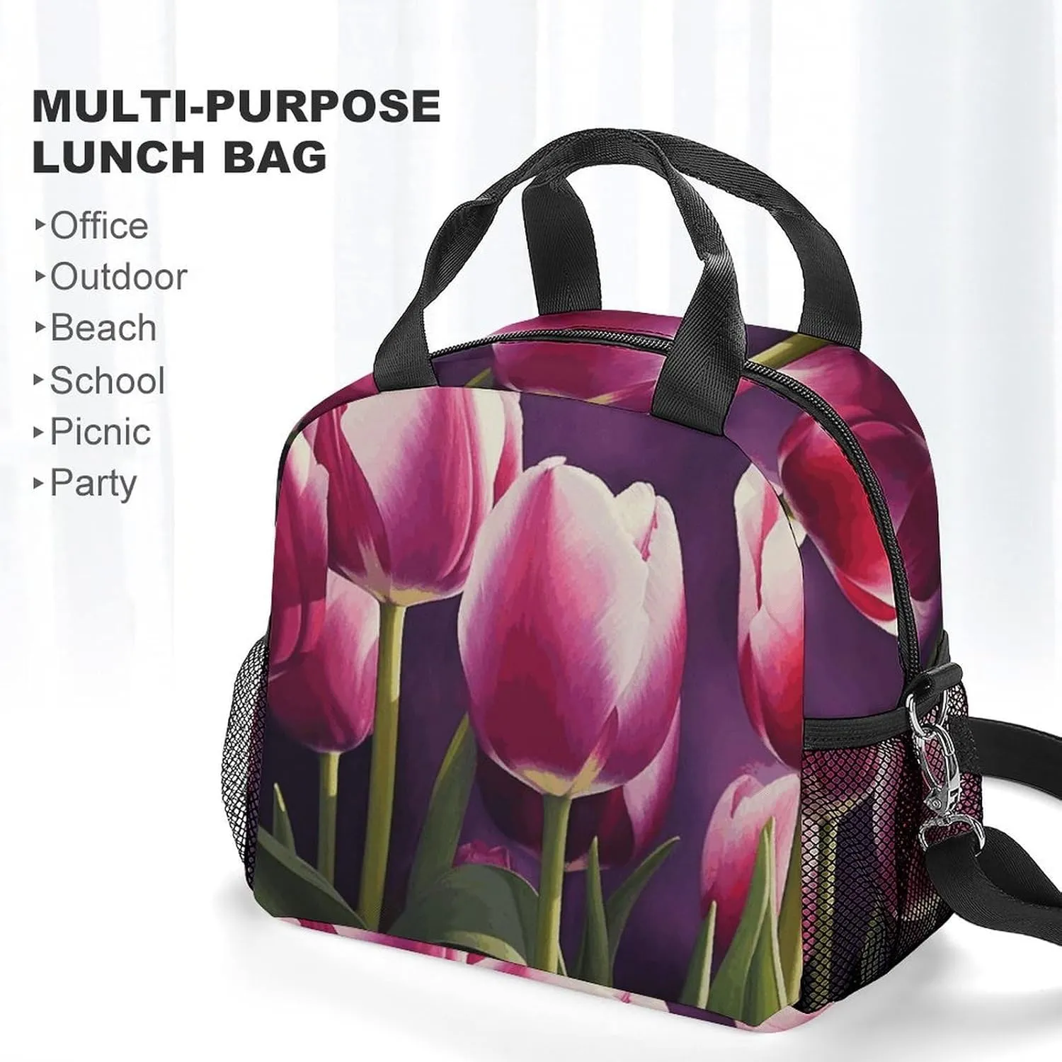 Insulated Lunch Bags for Women Tulips Reusable Lunch Boxes Waterproof Shoulder Bag Lunch Cooler Bag for Work
