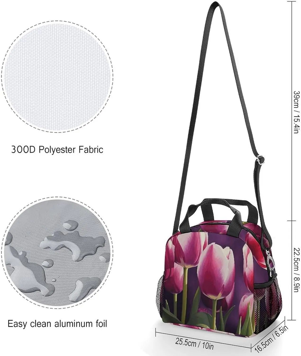 Insulated Lunch Bags for Women Tulips Reusable Lunch Boxes Waterproof Shoulder Bag Lunch Cooler Bag for Work