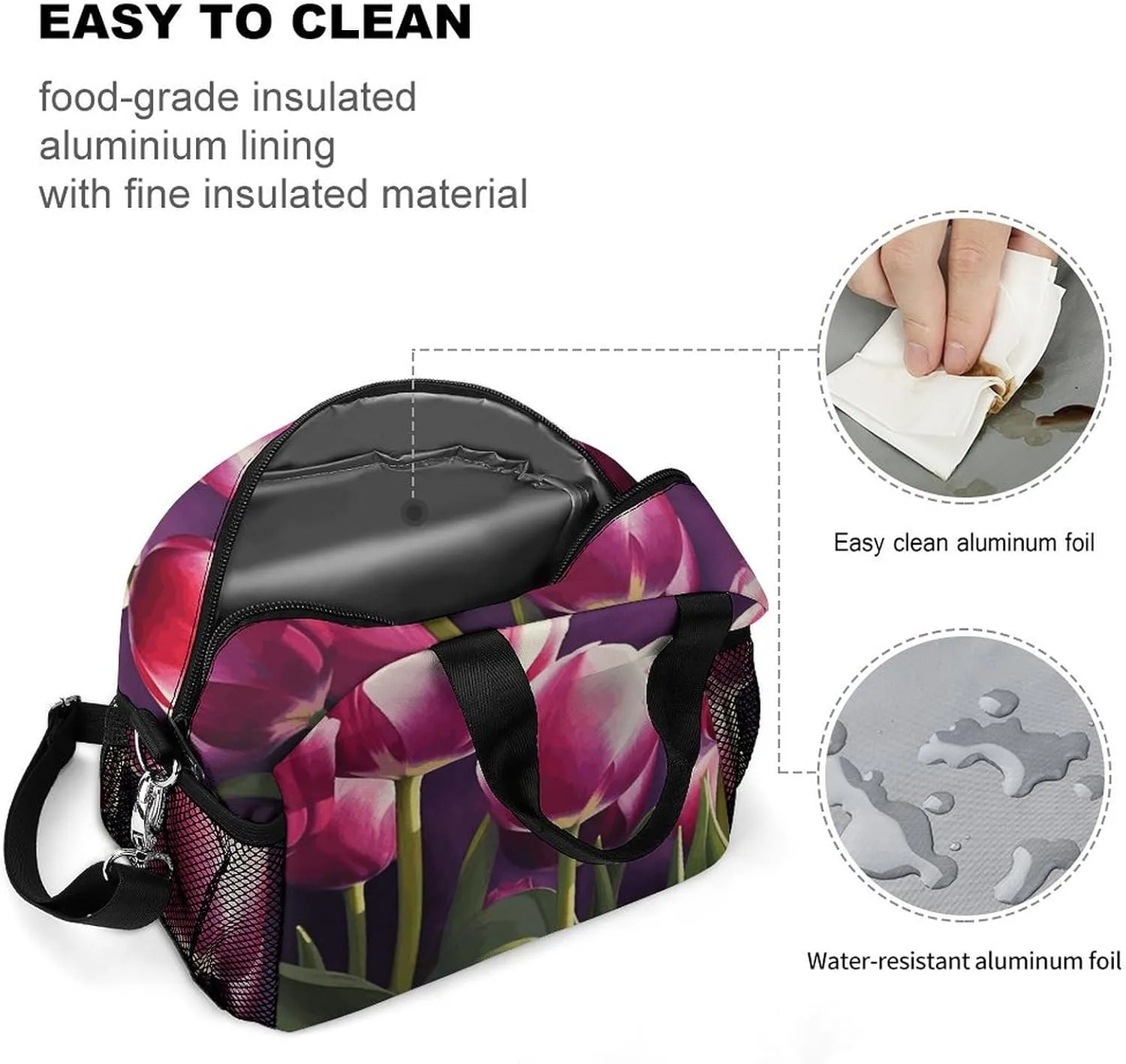 Insulated Lunch Bags for Women Tulips Reusable Lunch Boxes Waterproof Shoulder Bag Lunch Cooler Bag for Work