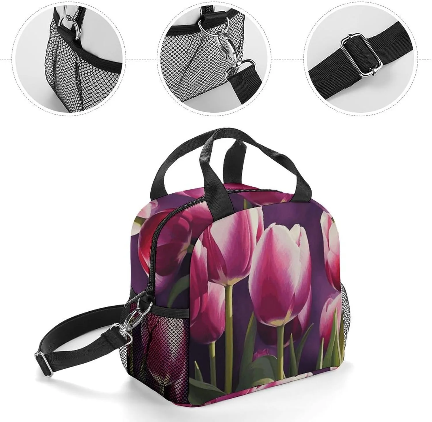 Insulated Lunch Bags for Women Tulips Reusable Lunch Boxes Waterproof Shoulder Bag Lunch Cooler Bag for Work