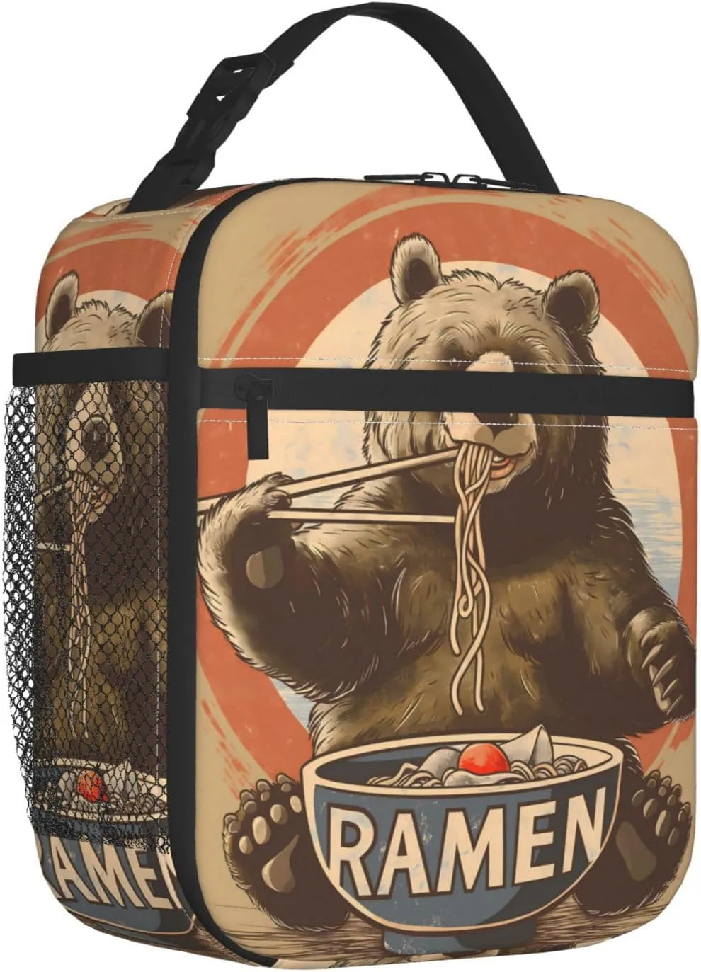 Insulated Lunch Box for Kids Boys Girls, Reusable Lunch Bag for School, Office, Picnic, Work, Travel, Bear Eat Ramen Theme Lunch Box