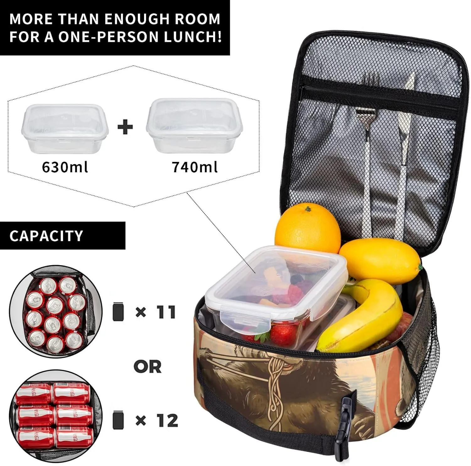 Insulated Lunch Box for Kids Boys Girls, Reusable Lunch Bag for School, Office, Picnic, Work, Travel, Bear Eat Ramen Theme Lunch Box
