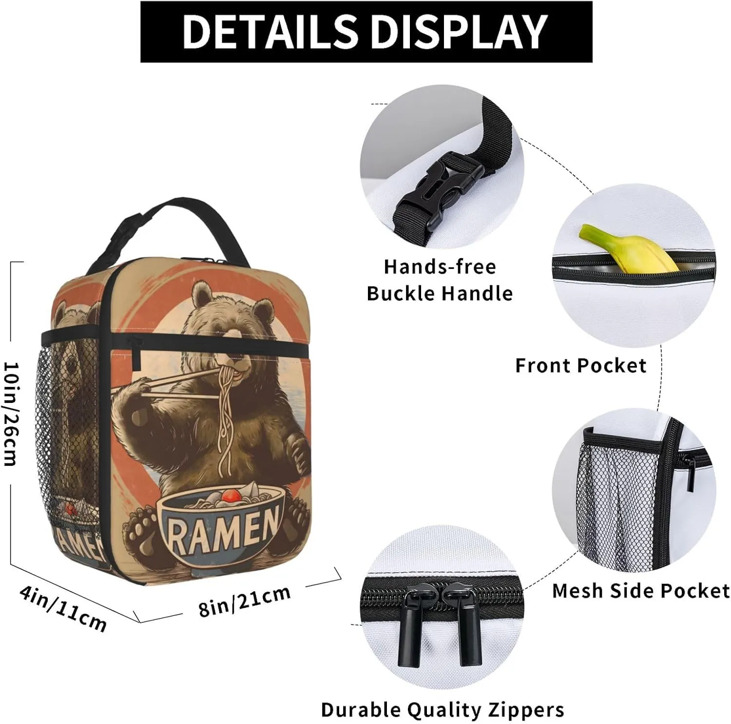 Insulated Lunch Box for Kids Boys Girls, Reusable Lunch Bag for School, Office, Picnic, Work, Travel, Bear Eat Ramen Theme Lunch Box