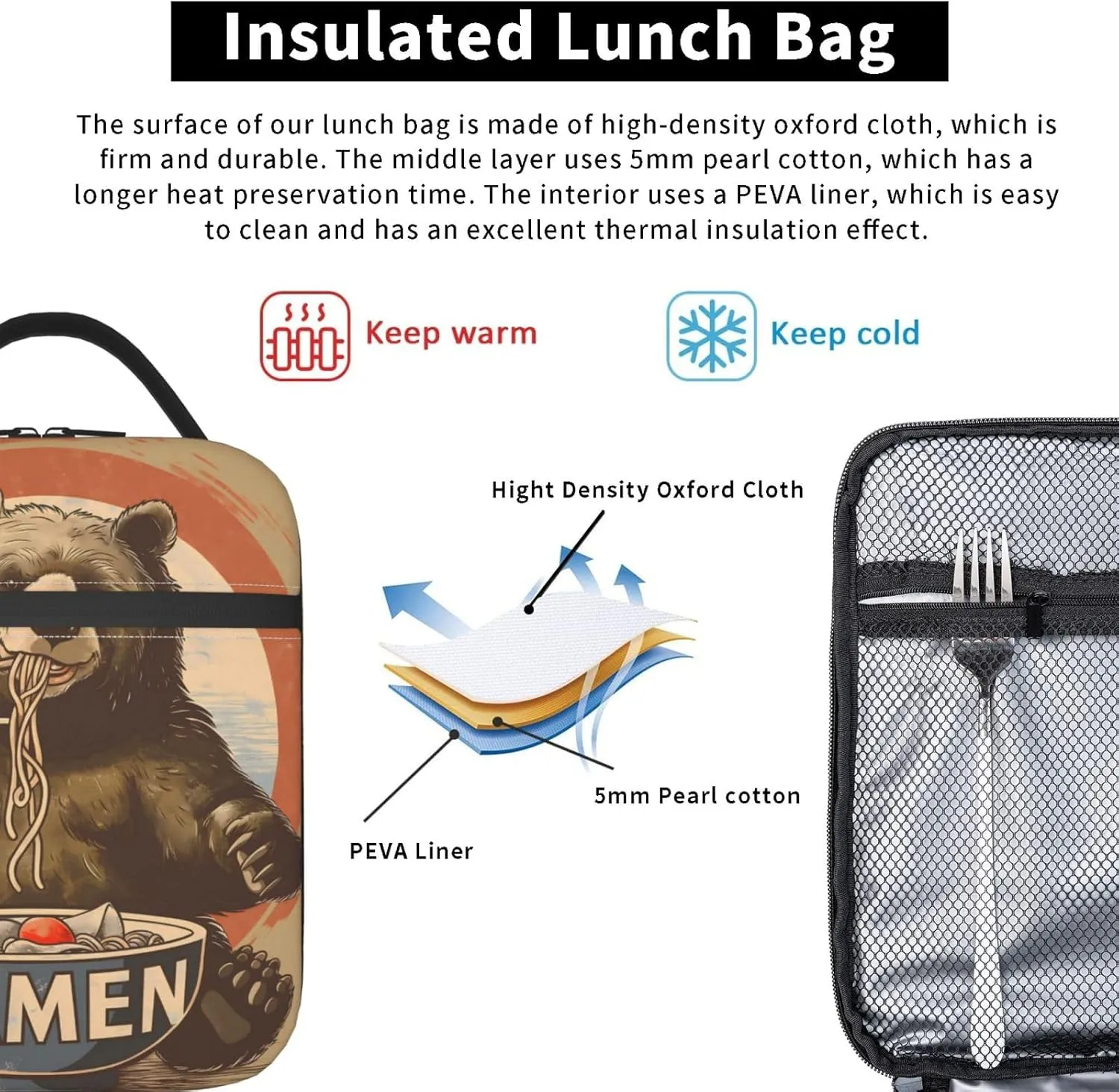Insulated Lunch Box for Kids Boys Girls, Reusable Lunch Bag for School, Office, Picnic, Work, Travel, Bear Eat Ramen Theme Lunch Box