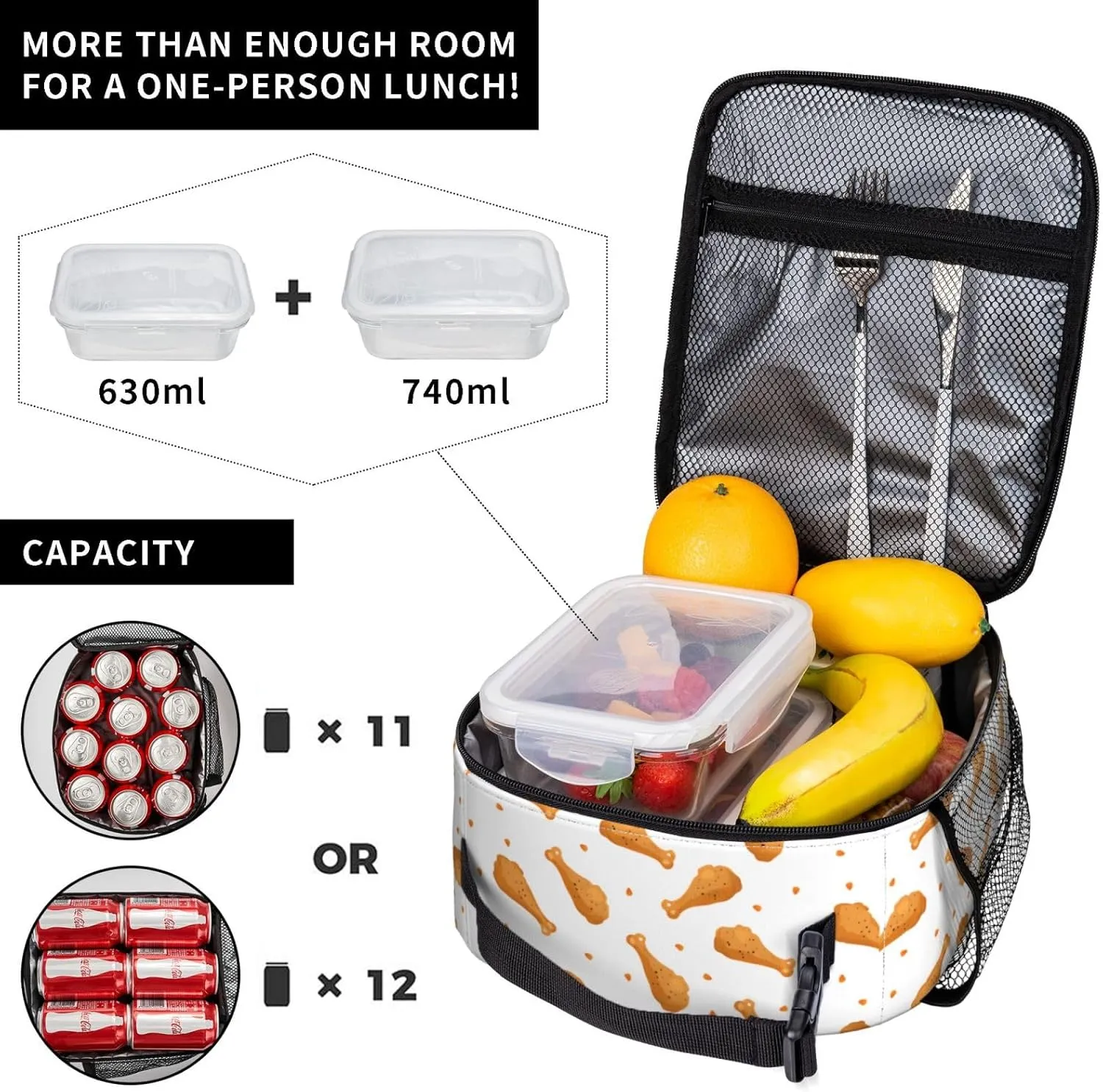 Insulated Lunch Box for Kids Boys Girls, Reusable Lunch Bag for School, Office, Picnic, Work, Travel, Fried Chicken Theme Lunch Box
