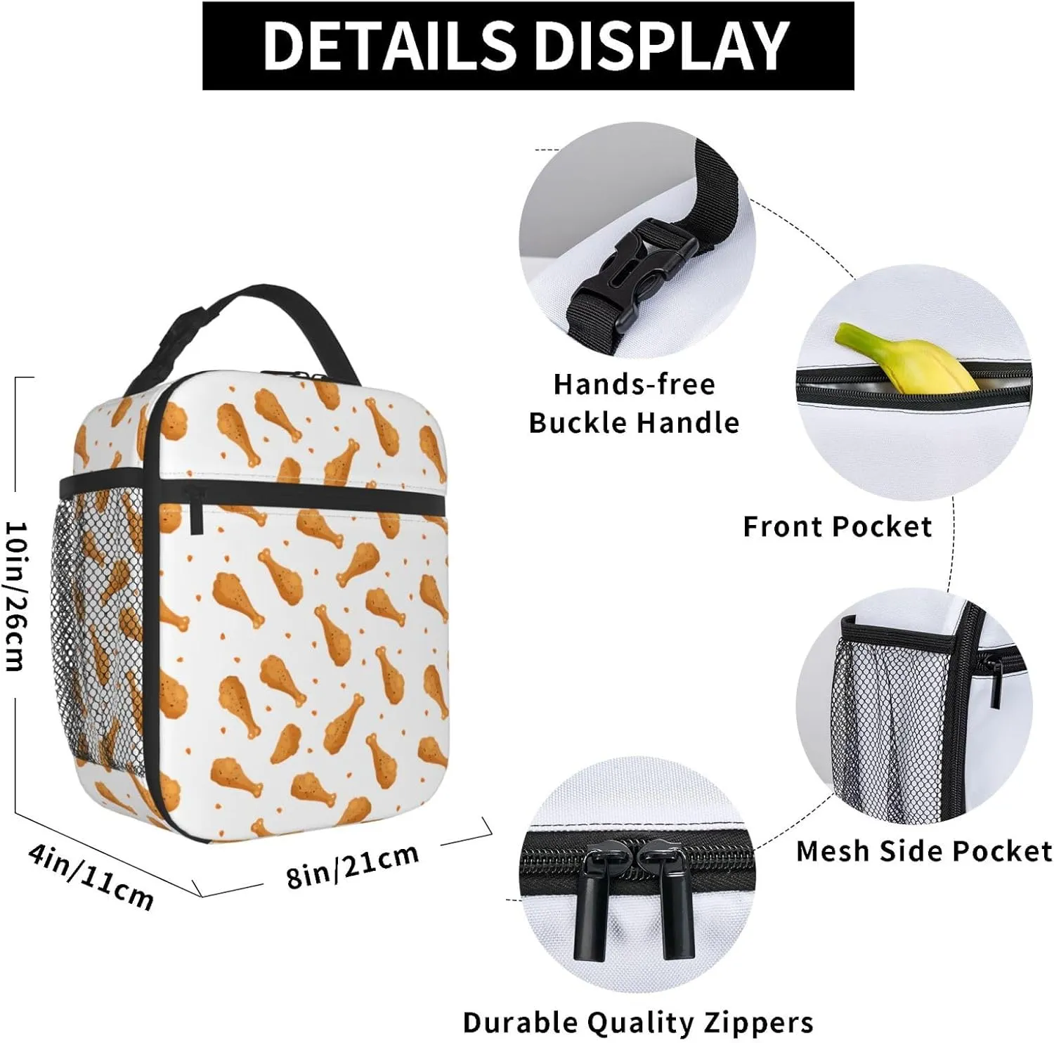 Insulated Lunch Box for Kids Boys Girls, Reusable Lunch Bag for School, Office, Picnic, Work, Travel, Fried Chicken Theme Lunch Box