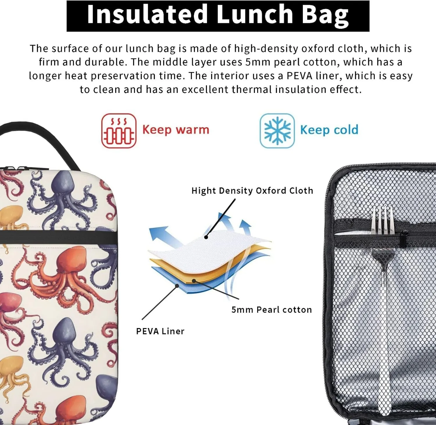 Insulated Lunch Box for Kids Boys Girls, Reusable Lunch Bag for School, Office, Picnic, Work, Travel, Octopus Theme Lunch Box