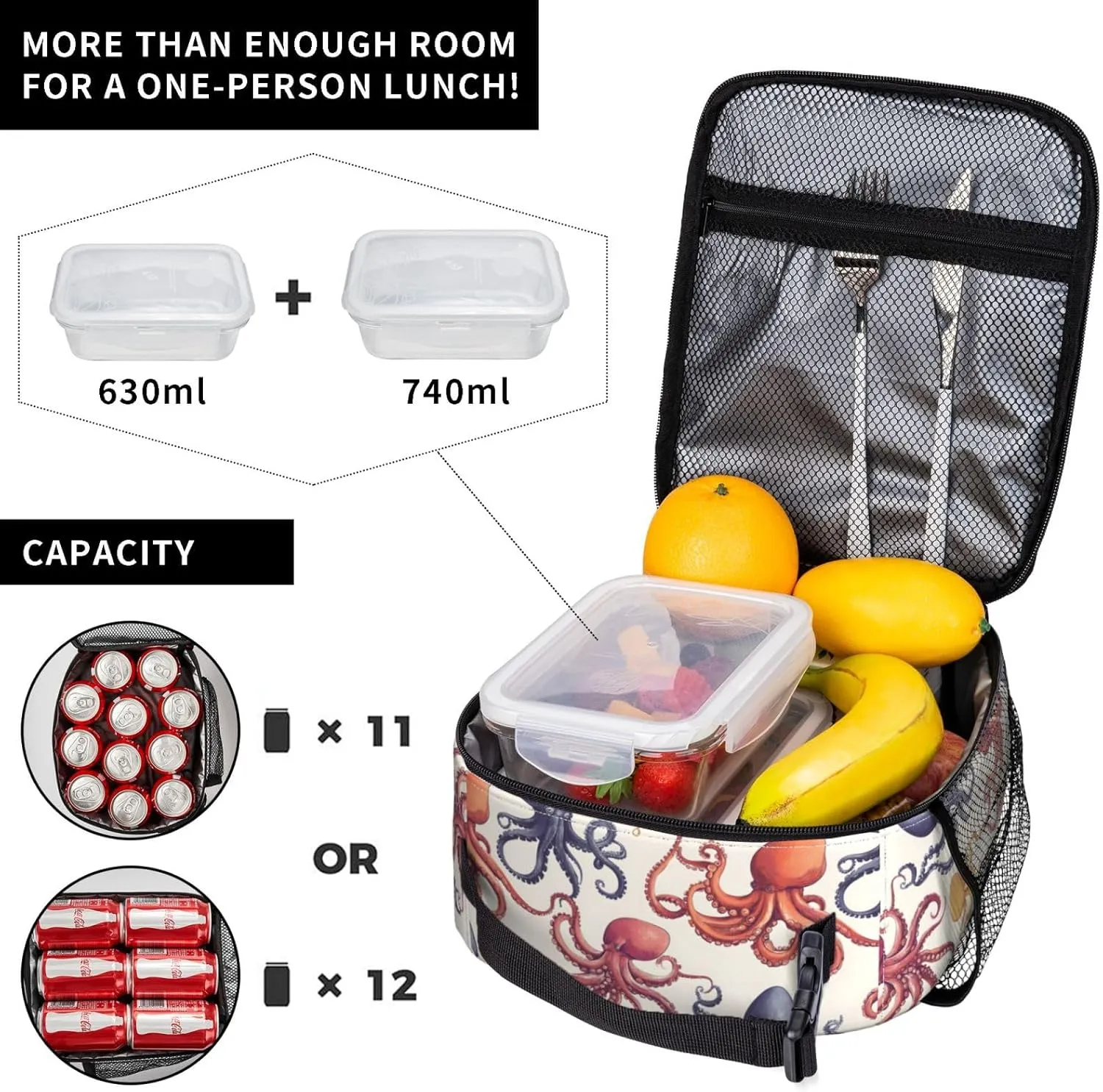 Insulated Lunch Box for Kids Boys Girls, Reusable Lunch Bag for School, Office, Picnic, Work, Travel, Octopus Theme Lunch Box