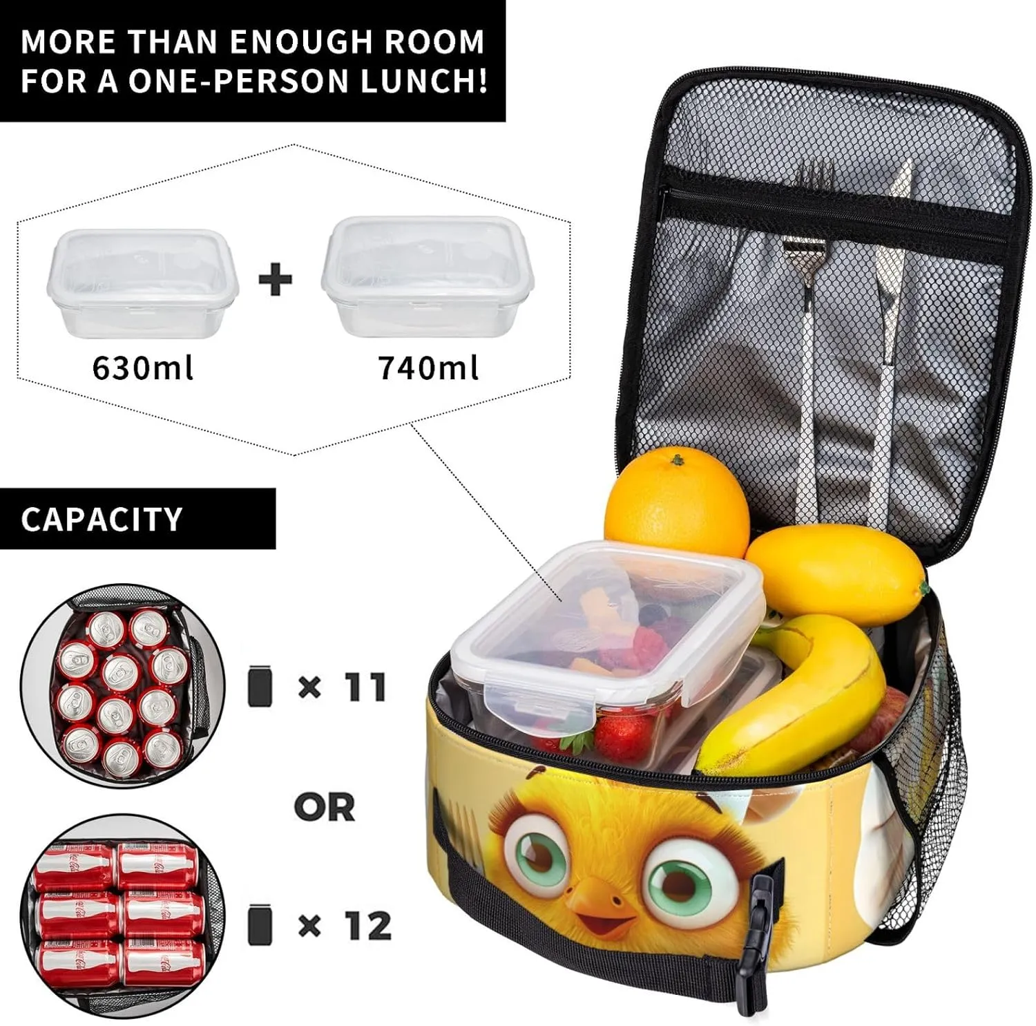Insulated Lunch Box for Kids Boys Girls, Reusable Lunch Bag for School, Office, Work, Picnic, Travel, Cute Yellow Chicken Lunch Box