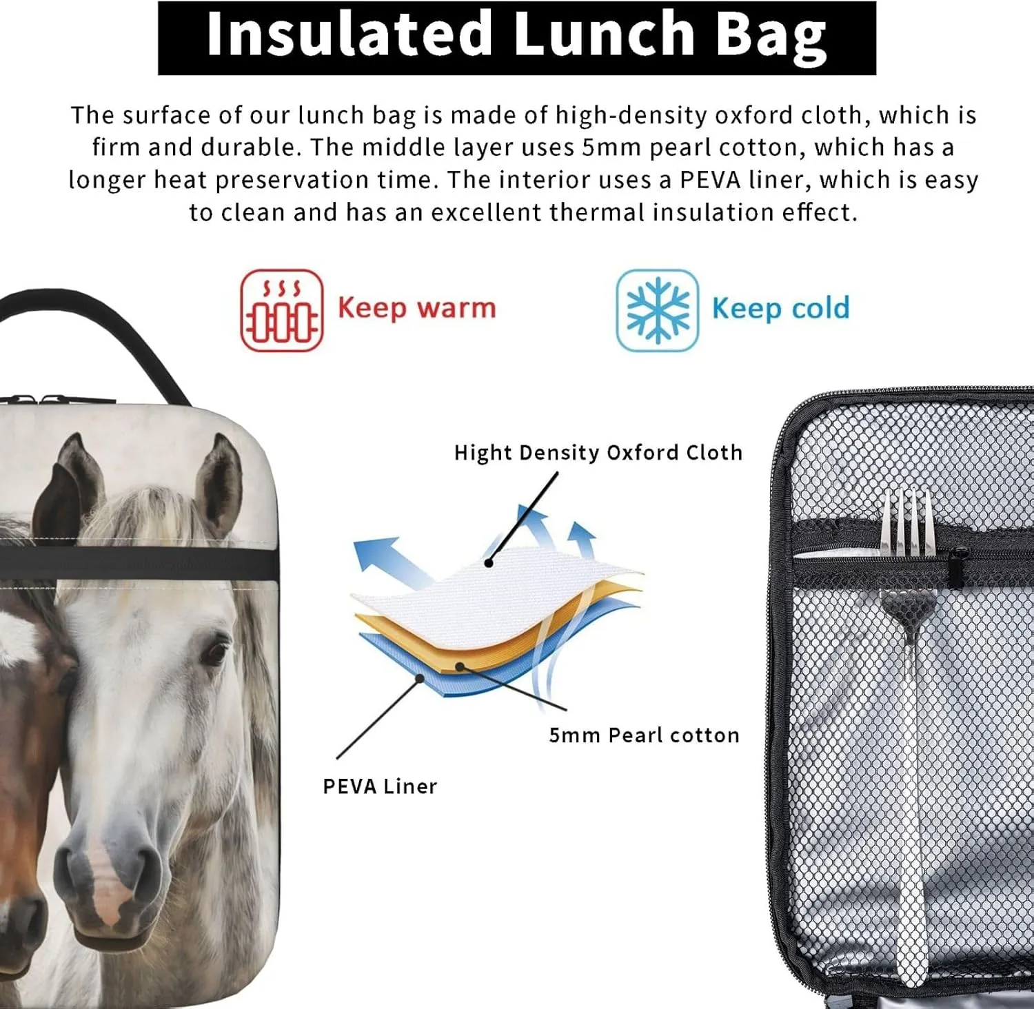 Insulated Lunch Box for Kids Boys Girls, Reusable Lunch Bag for School, Office, Work, Picnic, Travel, Horses Lunch Box