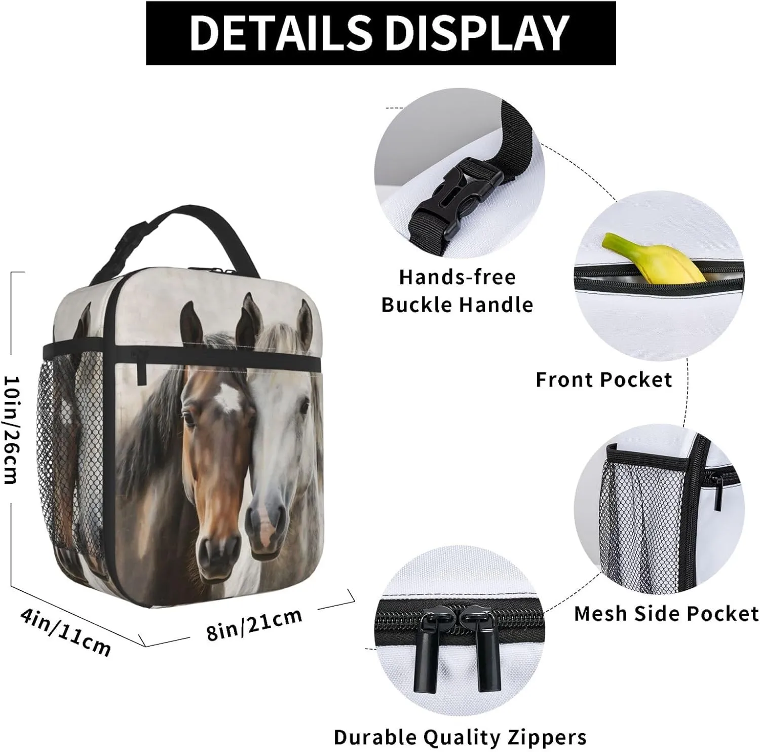Insulated Lunch Box for Kids Boys Girls, Reusable Lunch Bag for School, Office, Work, Picnic, Travel, Horses Lunch Box