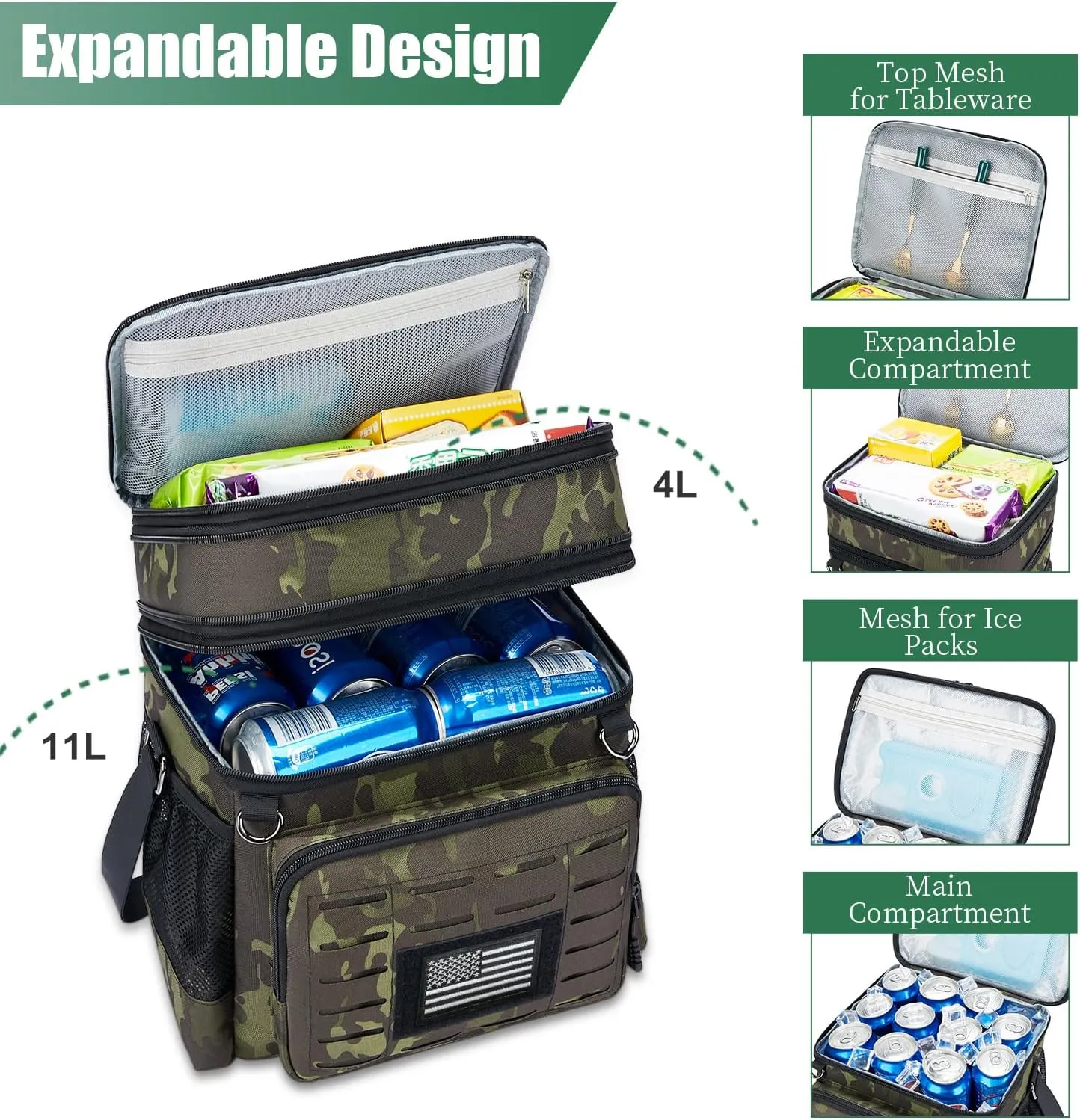 Insulated Tactical Lunch Box for Men: Reusable Lunch Bag for Picnic Outdoor Beach Office - Portable Adult Lunch Box Organizer Black Camo 15L