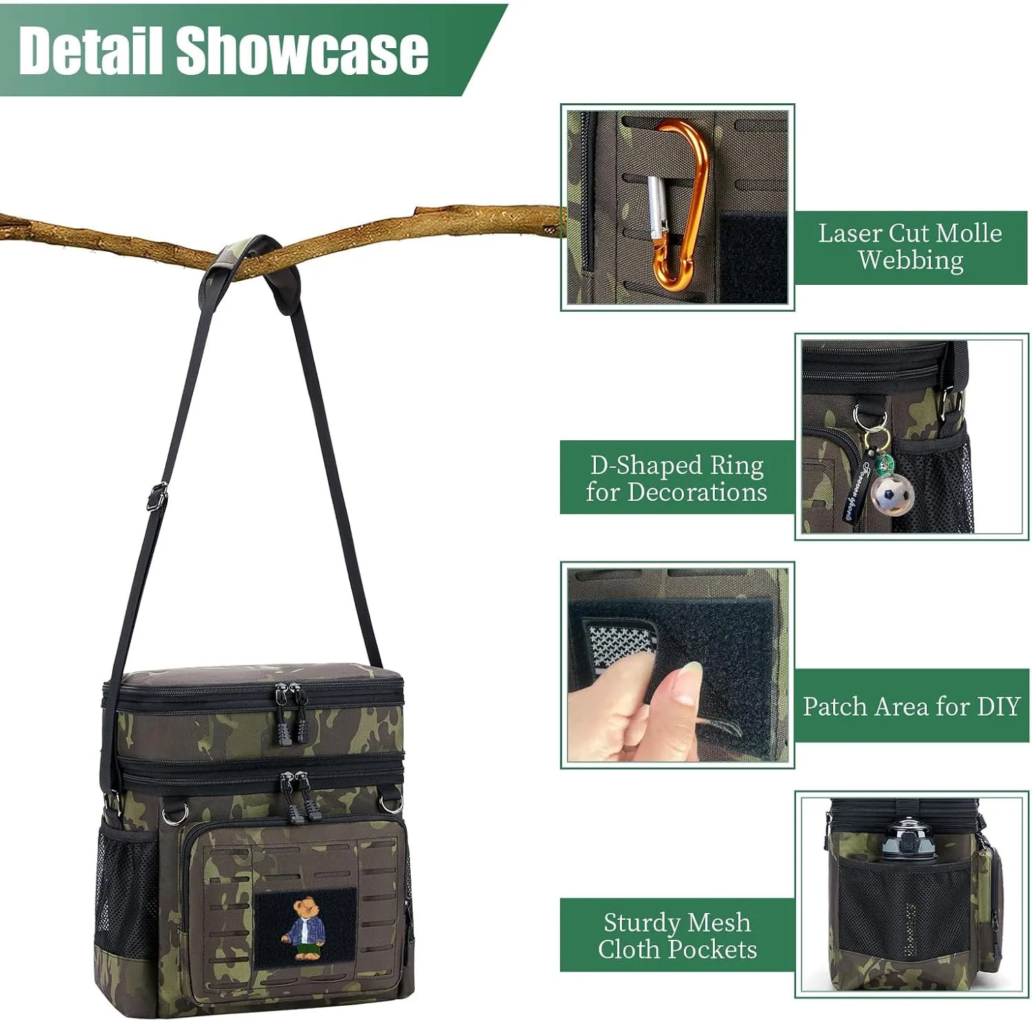 Insulated Tactical Lunch Box for Men: Reusable Lunch Bag for Picnic Outdoor Beach Office - Portable Adult Lunch Box Organizer Black Camo 15L