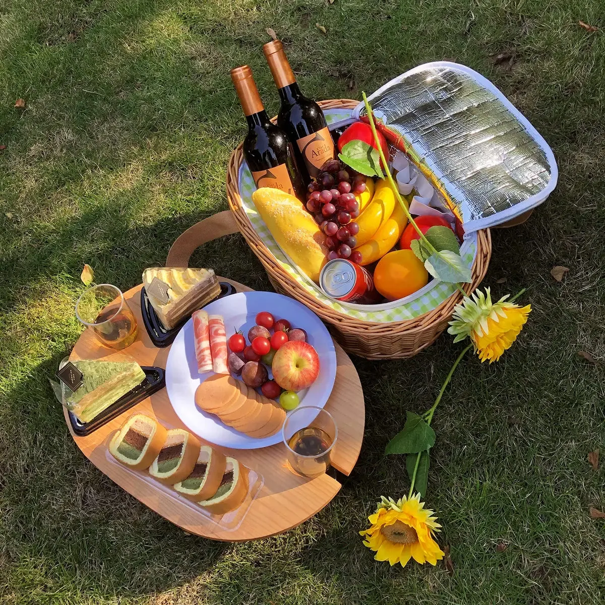 Insulated Wicker Picnic Basket with Table and Utensil Set for Two