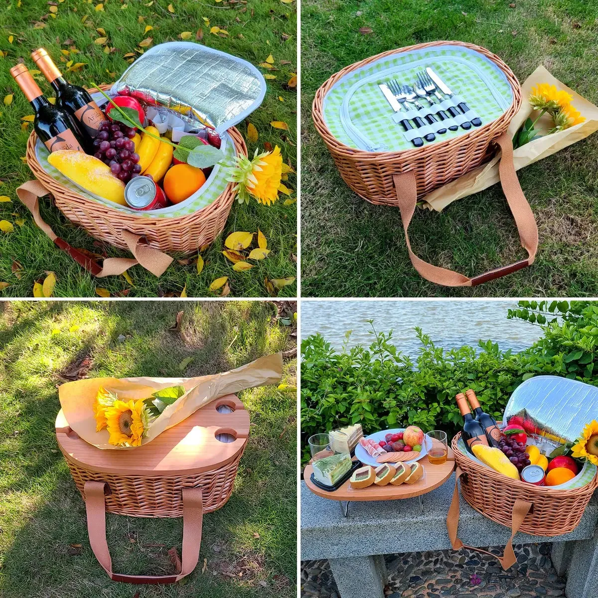 Insulated Wicker Picnic Basket with Table and Utensil Set for Two