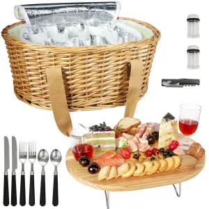 Insulated Wicker Picnic Basket with Table and Utensil Set for Two