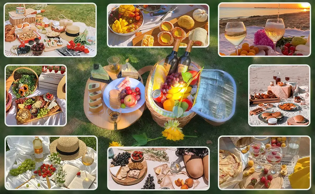 Insulated Wicker Picnic Basket with Table and Utensil Set for Two