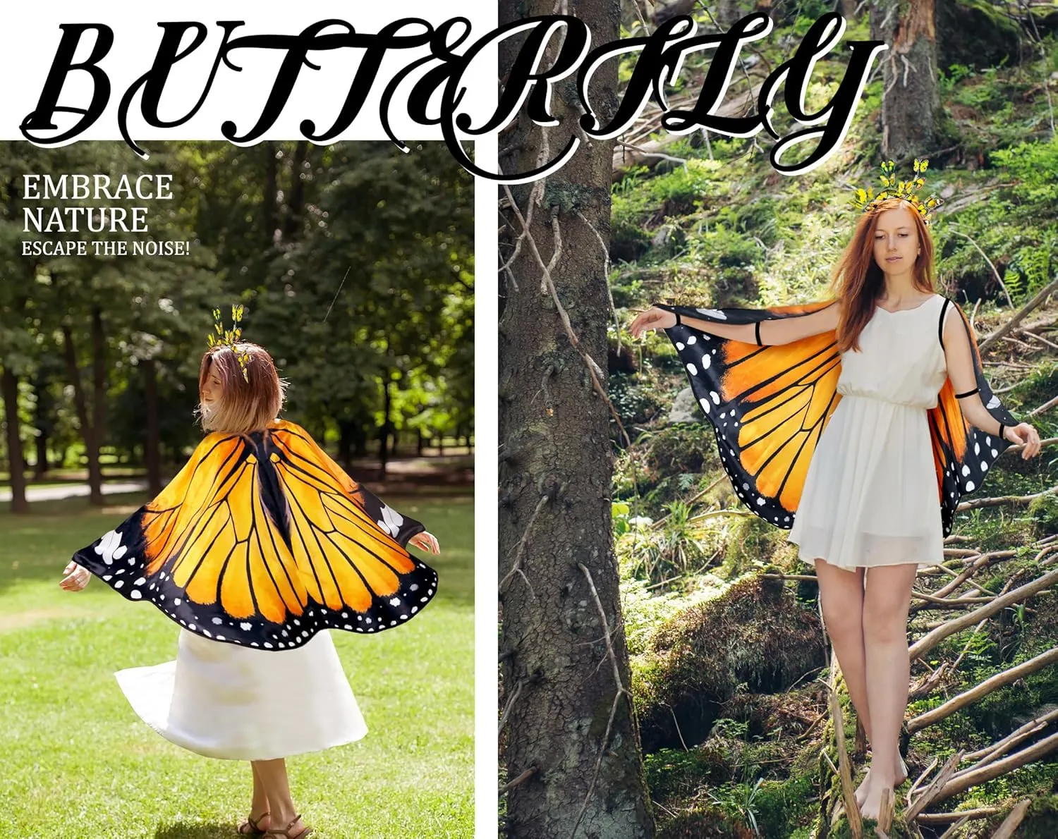 iROLWIN Double Sided Adults Butterfly-Wings-Costume for Women Butterfly Headband Fairy Cape Halloween Dress-Up Party Gifts