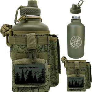 Iron Infidel Battle Bottle - Half Gallon Insulated Stainless Steel Water Jug with Handle - Gym Bottle for Men with Rugged Sleeve (Overland 2 Liter)