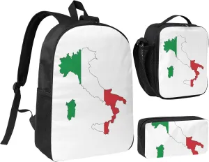 Italian Flag Map print 3PCS Backpack for Men Women Aesthetic 17 Inches Bookbag with Lunch Box Pencil Bag