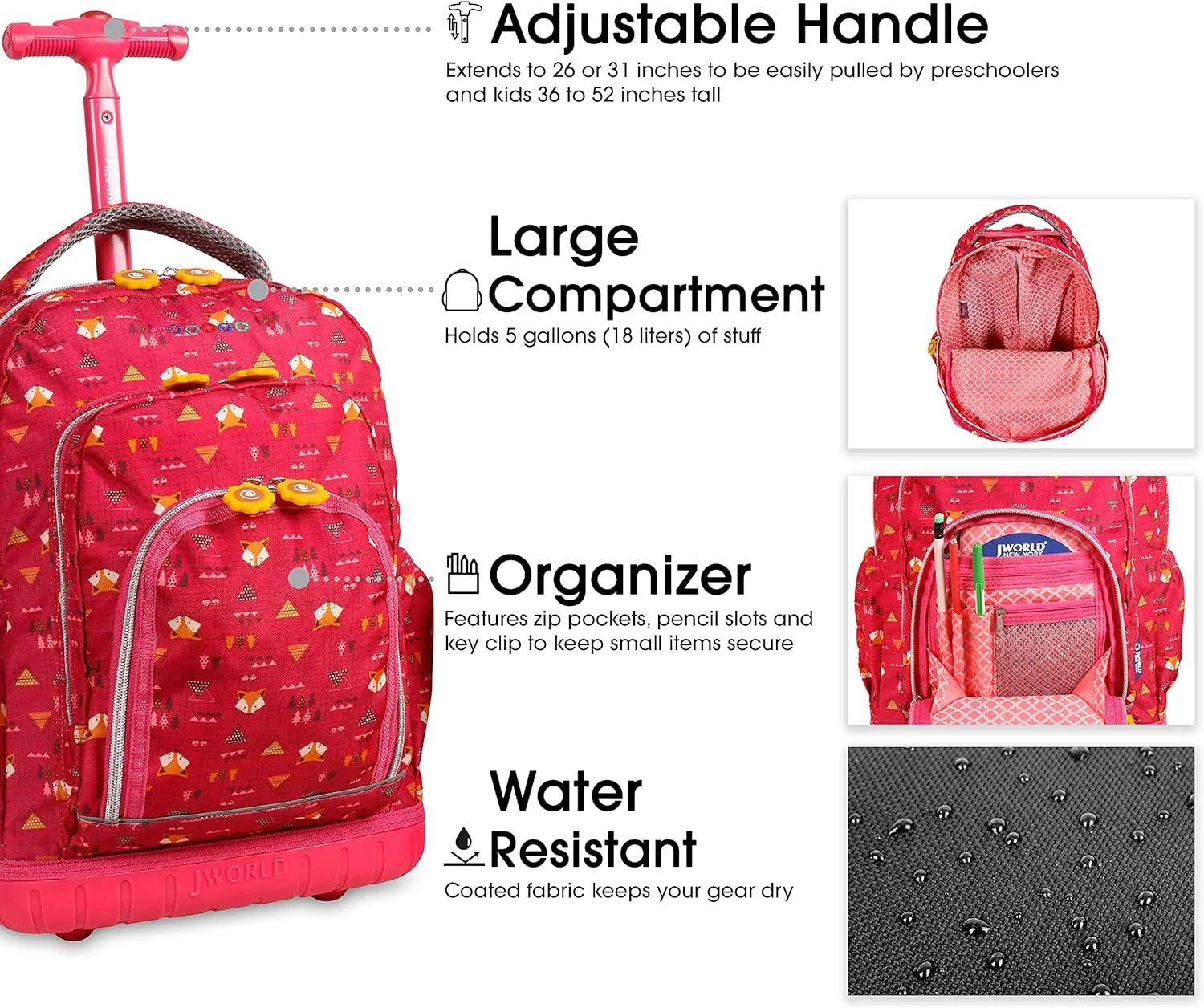J World Lollipop Kids Rolling Backpack & Lunch Bag Set for Elementary School. Carry-On Suitcase with Wheels, Fox