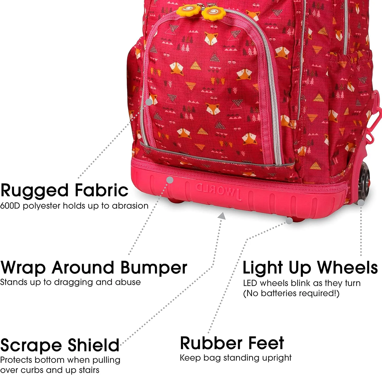 J World Lollipop Kids Rolling Backpack & Lunch Bag Set for Elementary School. Carry-On Suitcase with Wheels, Fox