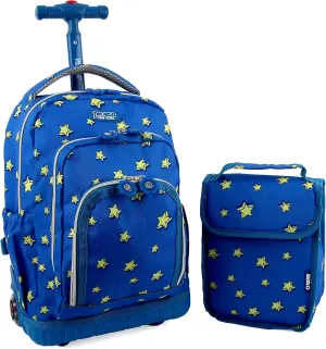 J World Lollipop Kids Rolling Backpack & Lunch Bag Set for Elementary School. Carry-On Suitcase with Wheels, Little Stars