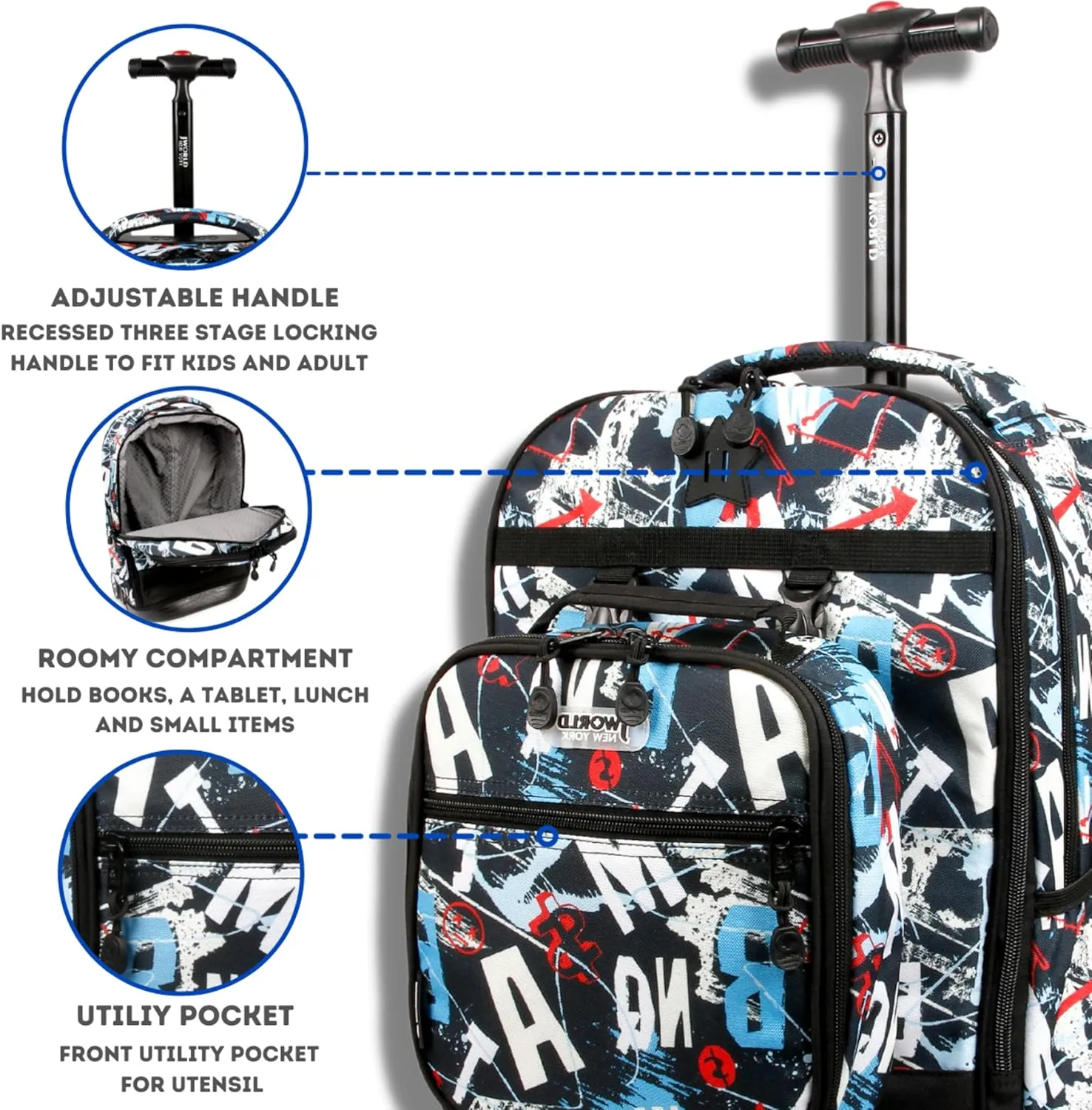 J World New York Unisex Kid's Duo Rolling Backpack with Lunch Box Set, Graffiti, One Size