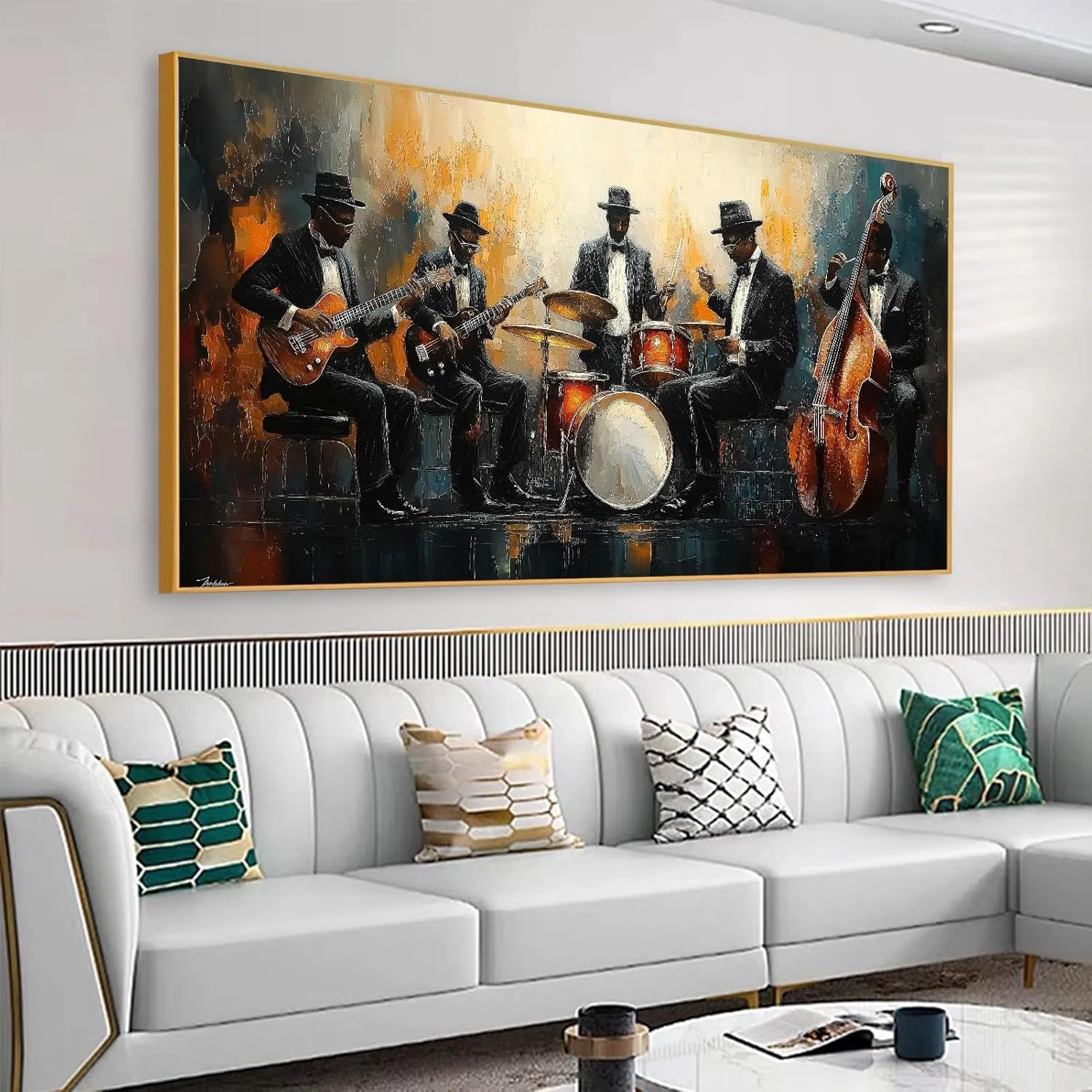 Jazz Band Canvas Wall Art, Abstract Jazz Canvas Wall Art, Music Canvas Wall Art, African American Wall Art, Jazz Music Poster, Jazz Club Decor, Living Room Wall Art, Musician Gift (Gold Framed, 62"x31" | 160x80cm)