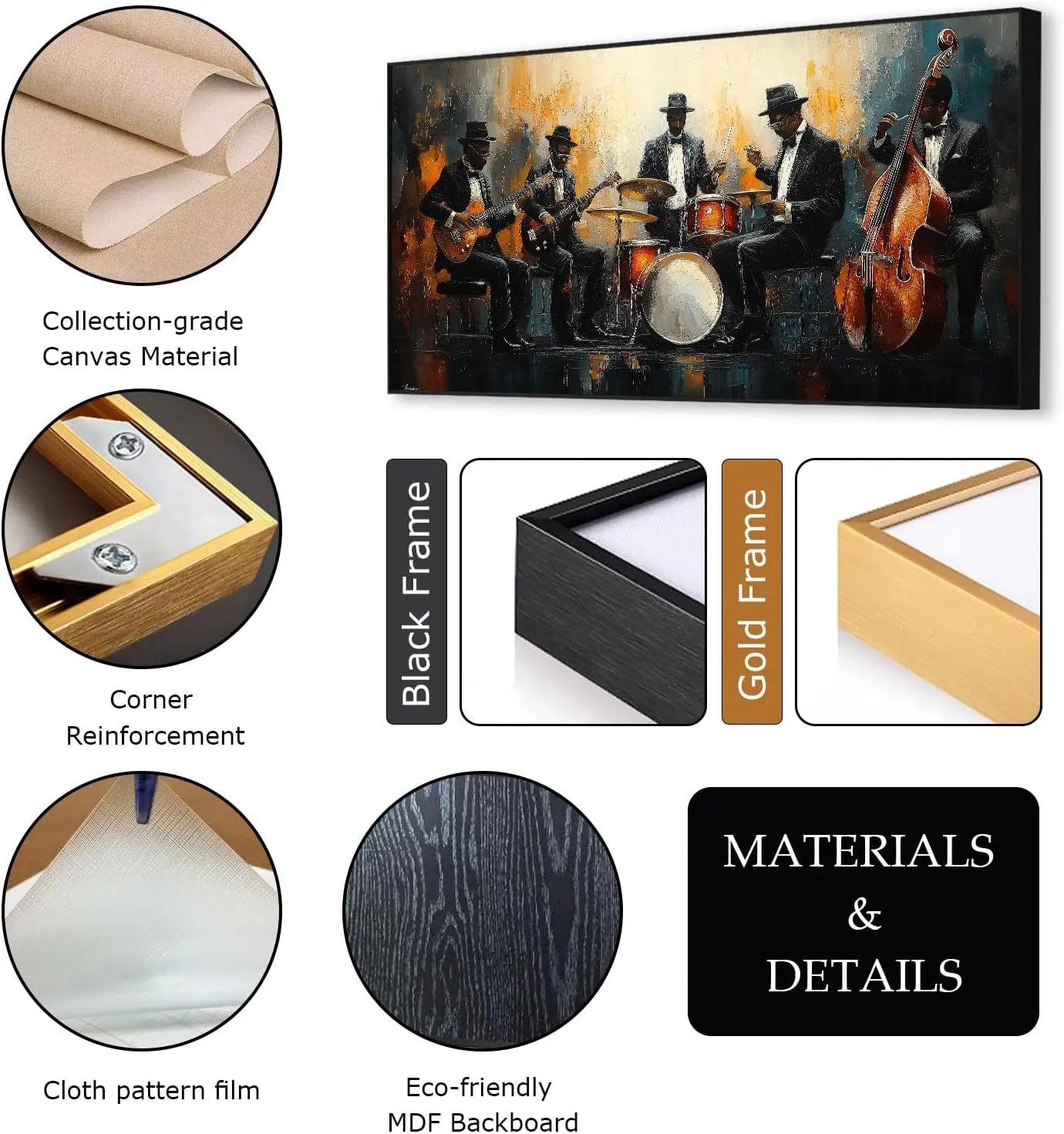 Jazz Band Canvas Wall Art, Abstract Jazz Canvas Wall Art, Music Canvas Wall Art, African American Wall Art, Jazz Music Poster, Jazz Club Decor, Living Room Wall Art, Musician Gift (Gold Framed, 62"x31" | 160x80cm)