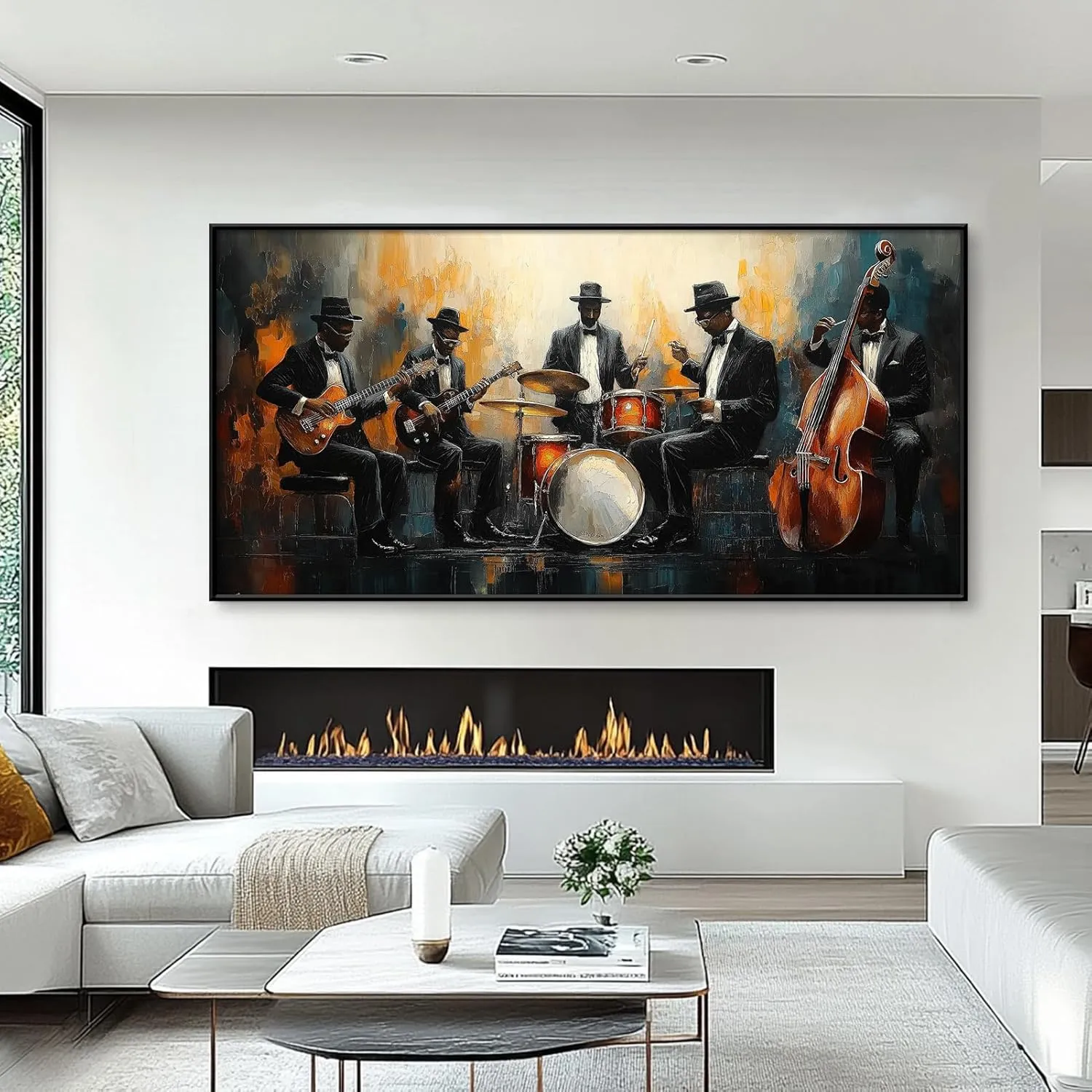 Jazz Band Canvas Wall Art, Abstract Jazz Canvas Wall Art, Music Canvas Wall Art, African American Wall Art, Jazz Music Poster, Jazz Club Decor, Living Room Wall Art, Musician Gift (Gold Framed, 62"x31" | 160x80cm)