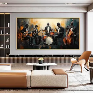 Jazz Band Canvas Wall Art, Abstract Jazz Canvas Wall Art, Music Canvas Wall Art, African American Wall Art, Jazz Music Poster, Jazz Club Decor, Living Room Wall Art, Musician Gift (Gold Framed, 62"x31" | 160x80cm)