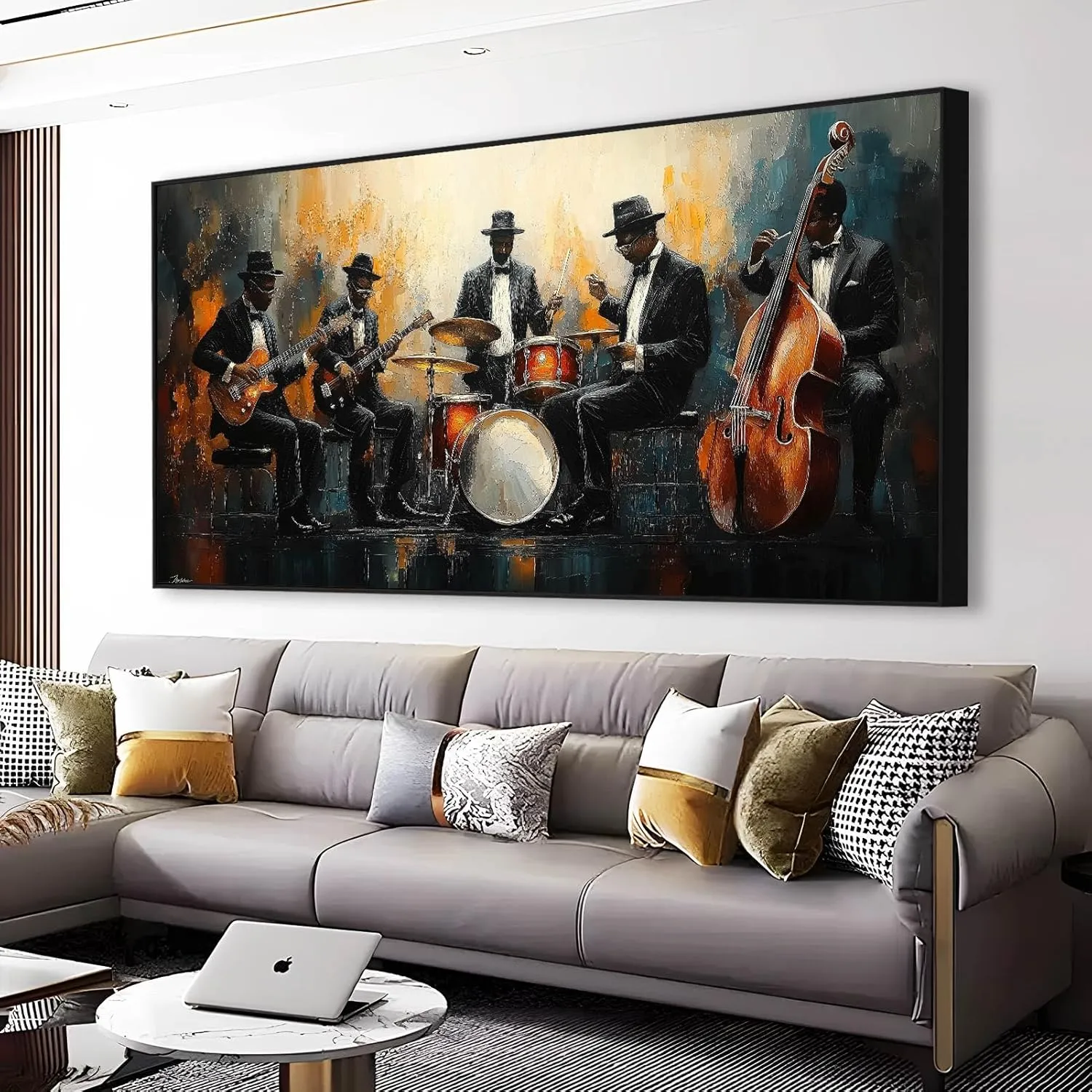 Jazz Band Canvas Wall Art, Abstract Jazz Canvas Wall Art, Music Canvas Wall Art, African American Wall Art, Jazz Music Poster, Jazz Club Decor, Living Room Wall Art, Musician Gift (Gold Framed, 62"x31" | 160x80cm)