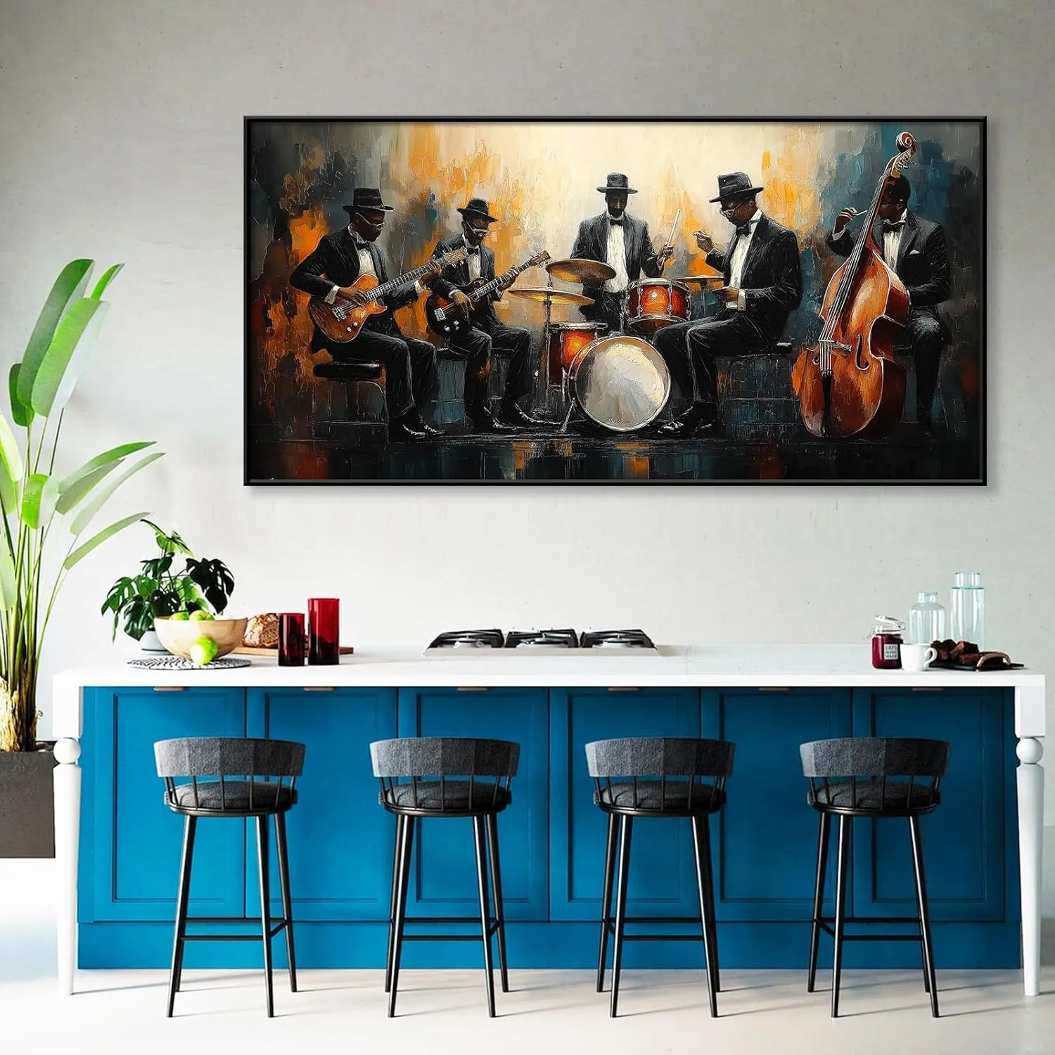 Jazz Band Canvas Wall Art, Abstract Jazz Canvas Wall Art, Music Canvas Wall Art, African American Wall Art, Jazz Music Poster, Jazz Club Decor, Living Room Wall Art, Musician Gift (Gold Framed, 62"x31" | 160x80cm)