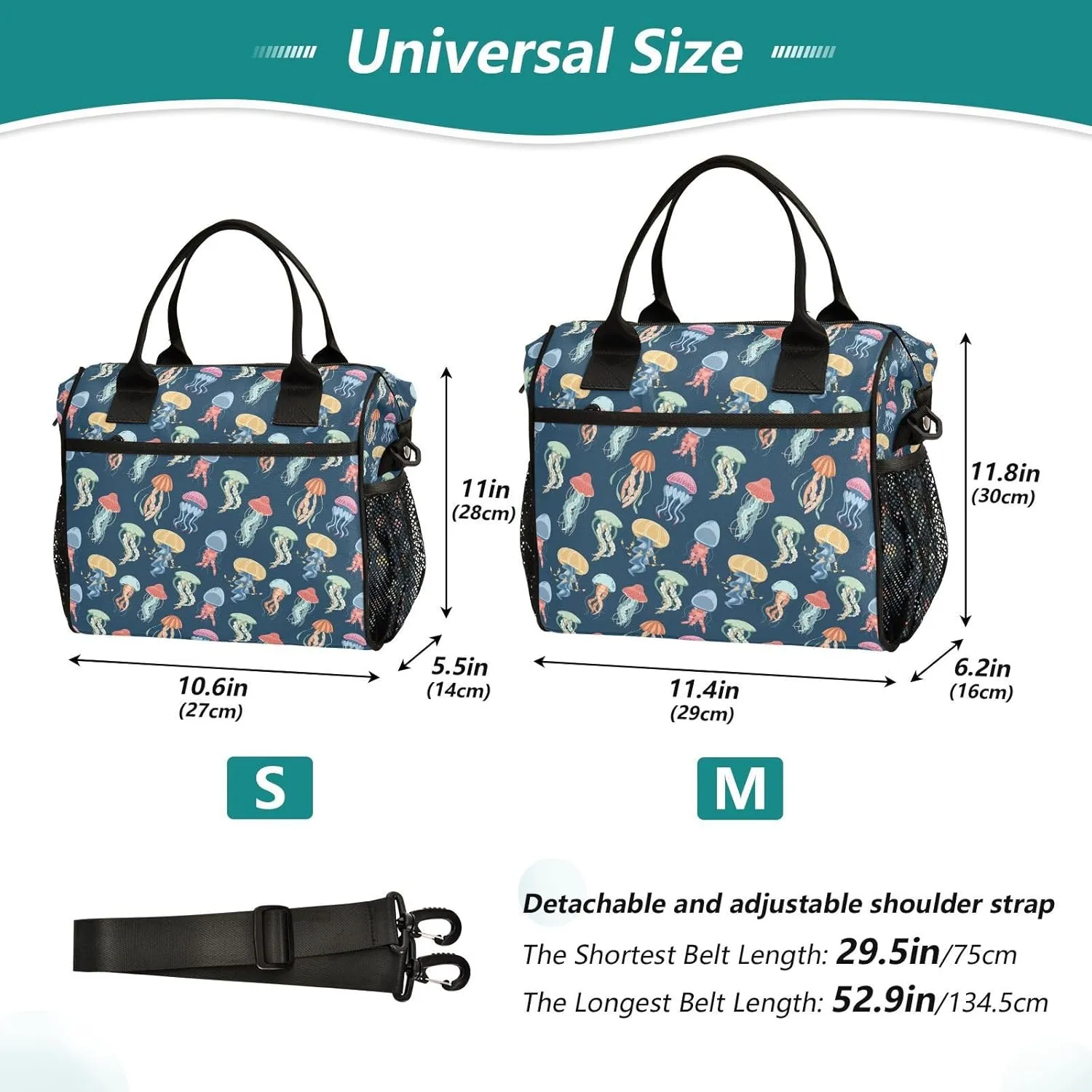 Jellyfish Lunch Bag Reusable Lunch Box for Men Women Adults, Insulated Cooler Tote Bag Container with Adjustable Shoulder Strap for Travel Office Picnic Hiking Beach Medium