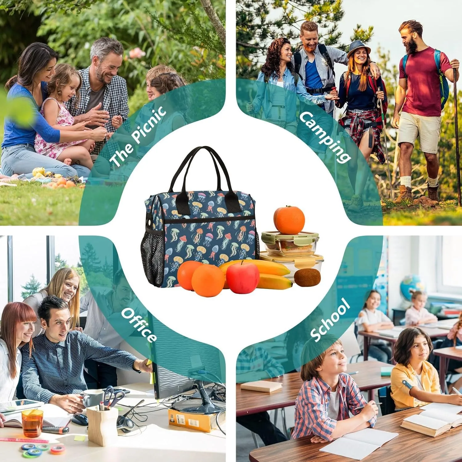 Jellyfish Lunch Bag Reusable Lunch Box for Men Women Adults, Insulated Cooler Tote Bag Container with Adjustable Shoulder Strap for Travel Office Picnic Hiking Beach Medium