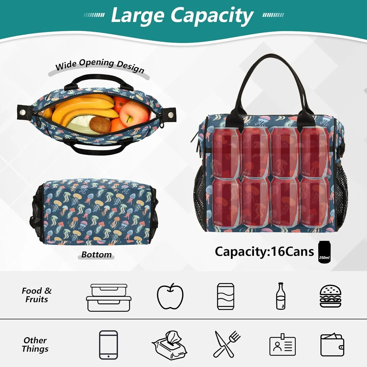 Jellyfish Lunch Bag Reusable Lunch Box for Men Women Adults, Insulated Cooler Tote Bag Container with Adjustable Shoulder Strap for Travel Office Picnic Hiking Beach Medium