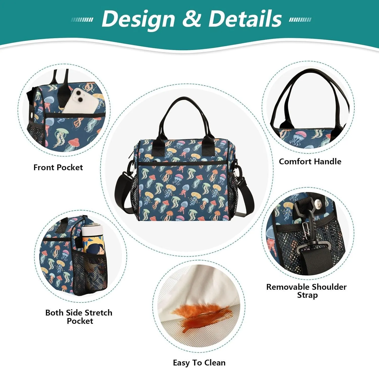 Jellyfish Lunch Bag Reusable Lunch Box for Men Women Adults, Insulated Cooler Tote Bag Container with Adjustable Shoulder Strap for Travel Office Picnic Hiking Beach Medium